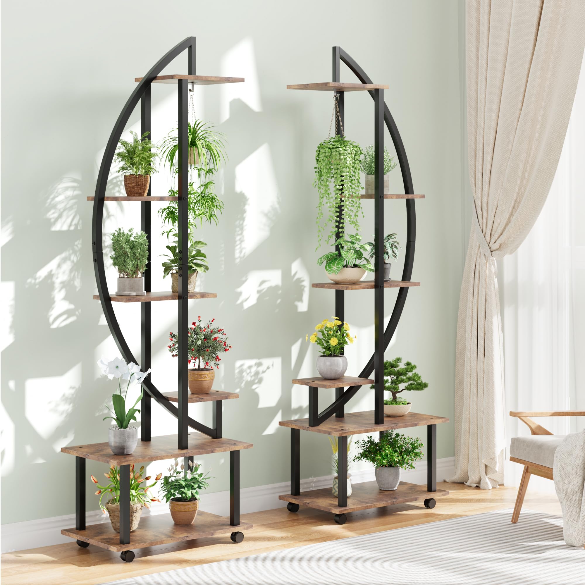 GARVEE 2-Pack 6-Tier Tall Metal Plant Stand with Detachable Wheels, Half Moon Shape & Storage Drawers - Indoor/Outdoor Use for Home, Patio, Garden, Balcony, Living Room Decor