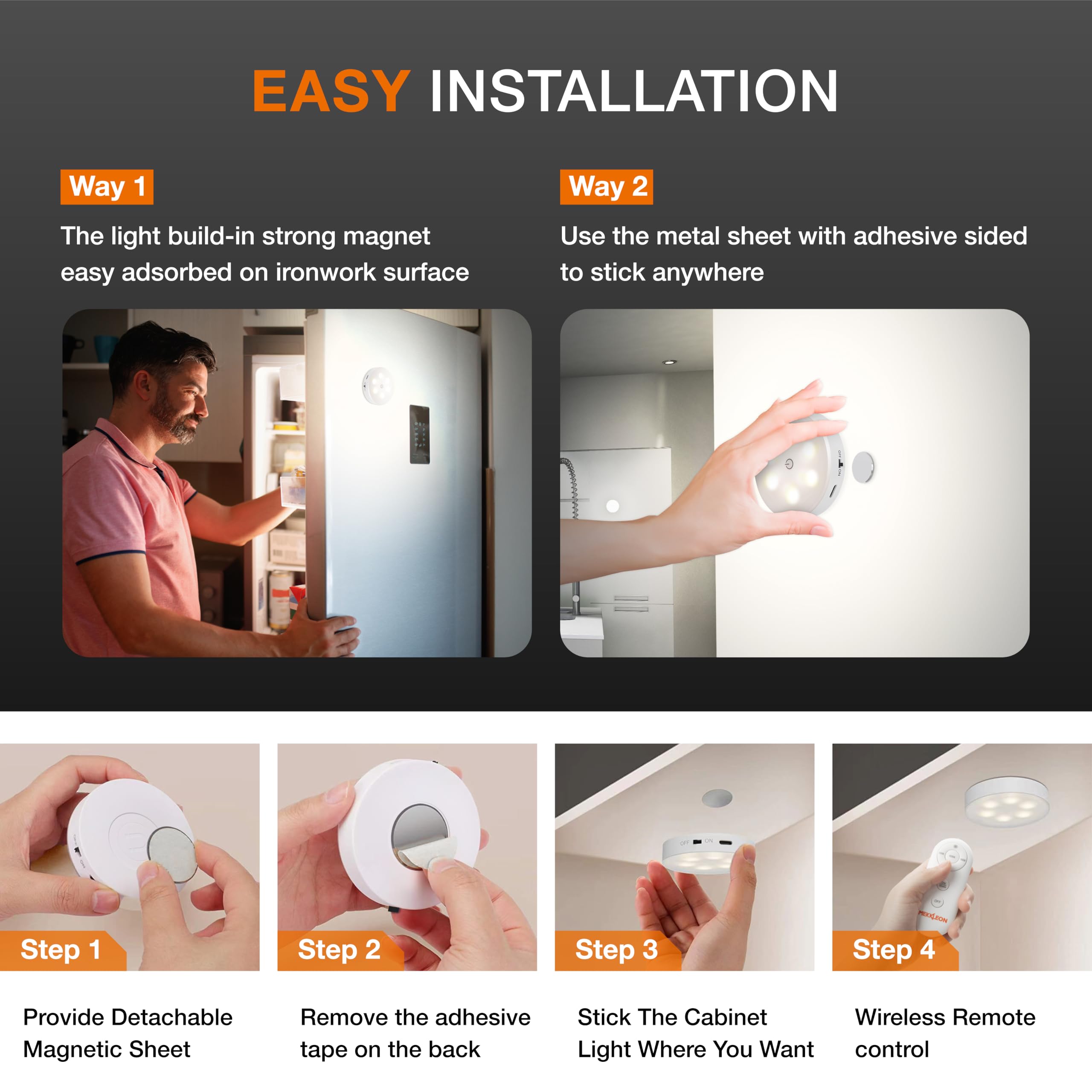 MEKKLEON 6-Pack Rechargeable Puck Lights with Remote Control - 1000mAh Battery Under Cabinet LED Lighting, Cordless Stick-On Tap Lights for Kitchen, Closet, Hallway & Stairway - Perfect for Night Lights, Wardrobe Illumination & Home Decor