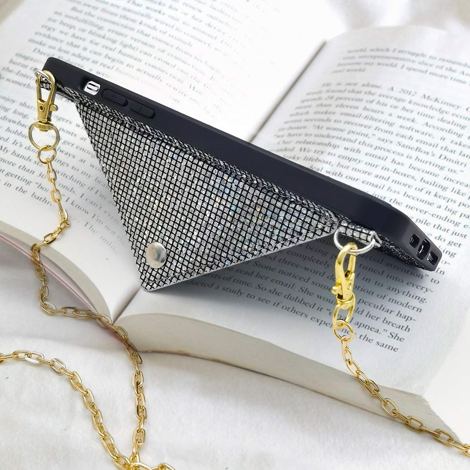 Sparkly Diamond Sequins iPhone 12 Case for Women - Glitter Bling Wallet Case with Credit Card Holder & Detachable Crossbody Chain - Hard PC Protective Back Cover with Stand Feature (Black) | Perfect for Parties, Dating & Everyday Fashion Accessory