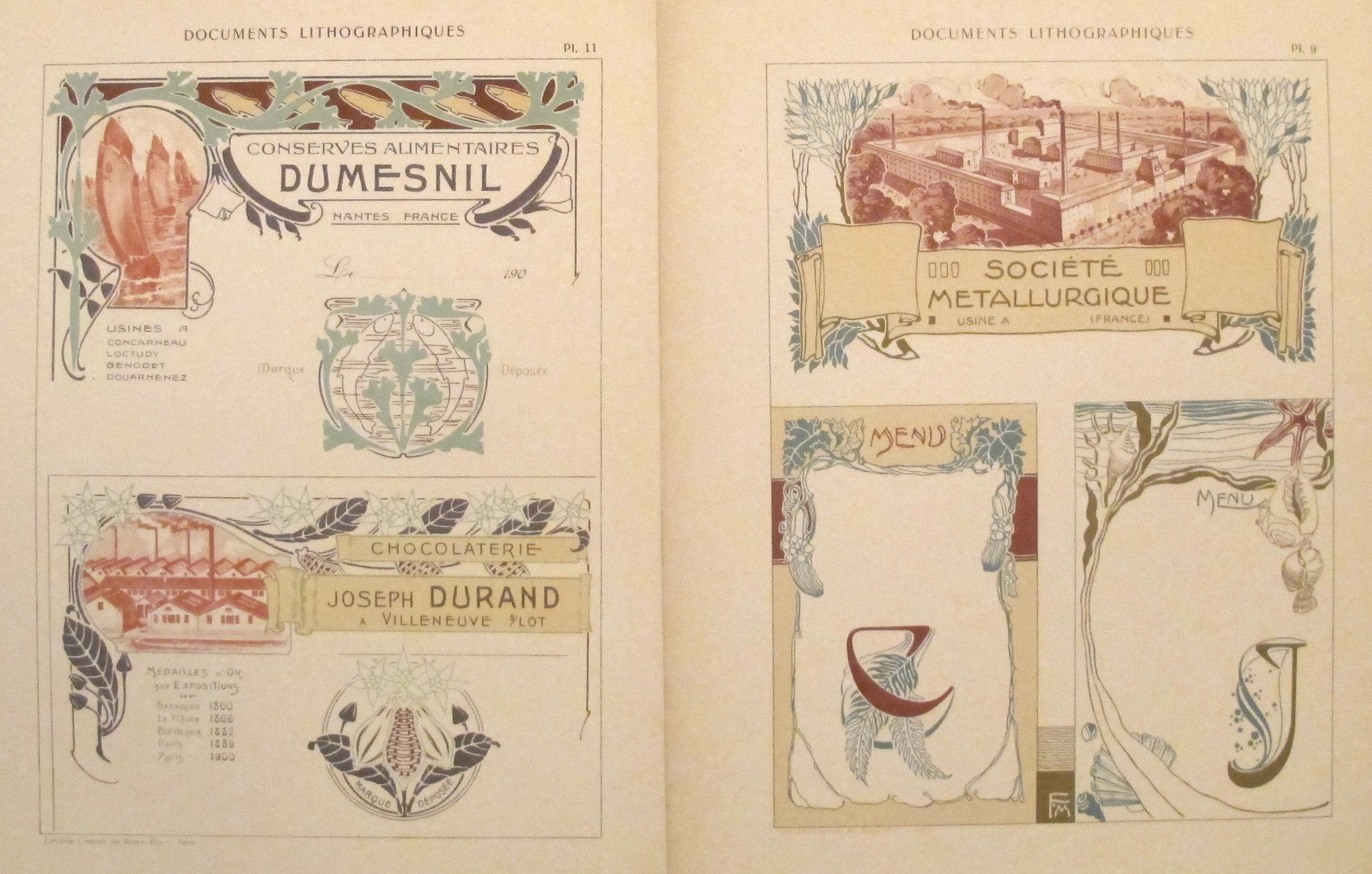 Antique 1900s Belle Epoque Design Sheets - Original Lithographic Plates #9 & #11 - Vintage French Art Nouveau Documents for Home Decor & Framing