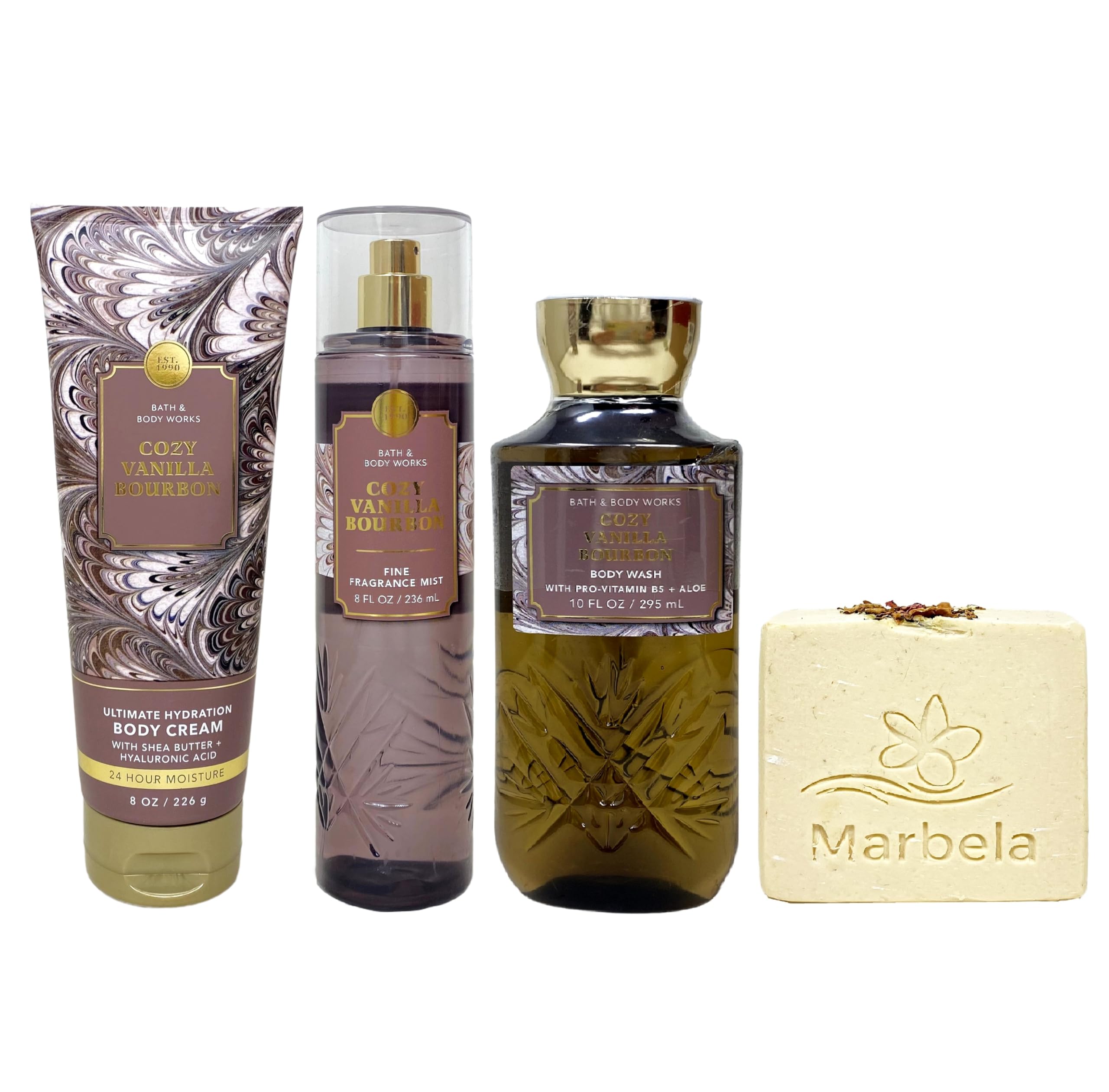 Bath & Body Works Cozy Vanilla Bourbon 3-Piece Gift Set - Fragrance Mist, Body Wash & Body Cream with Creamy Rose Soap Bar | Luxurious Vanilla Scented Bath & Body Care Set for Women | Perfect for Gifts, Self-Care & Relaxation