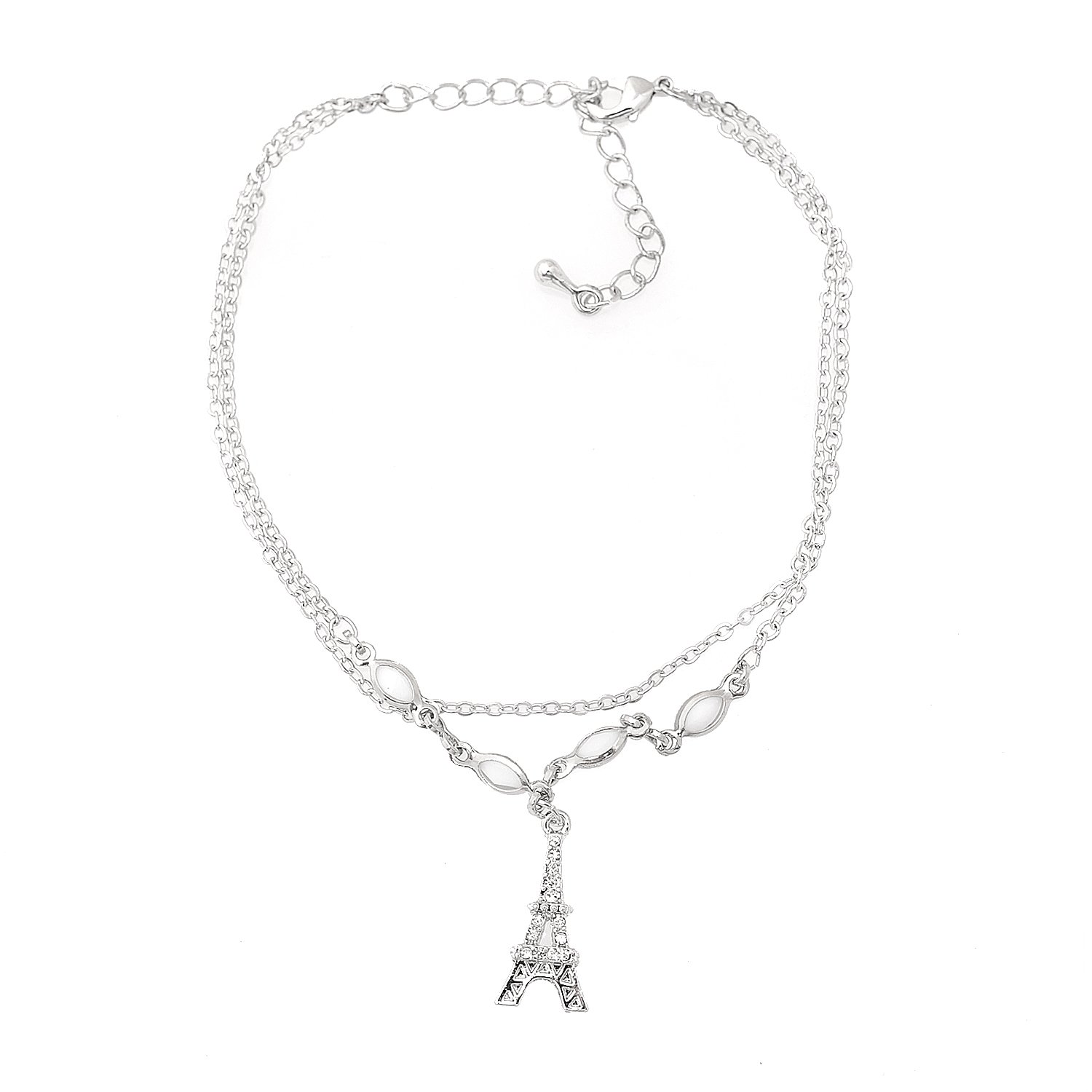 Spinningdaisy Silver Plated Double Layer Eiffel Tower Anklet - Elegant Adjustable Ankle Bracelet for Women, Perfect for Summer Outfits, Beach Vacations & Romantic Dates