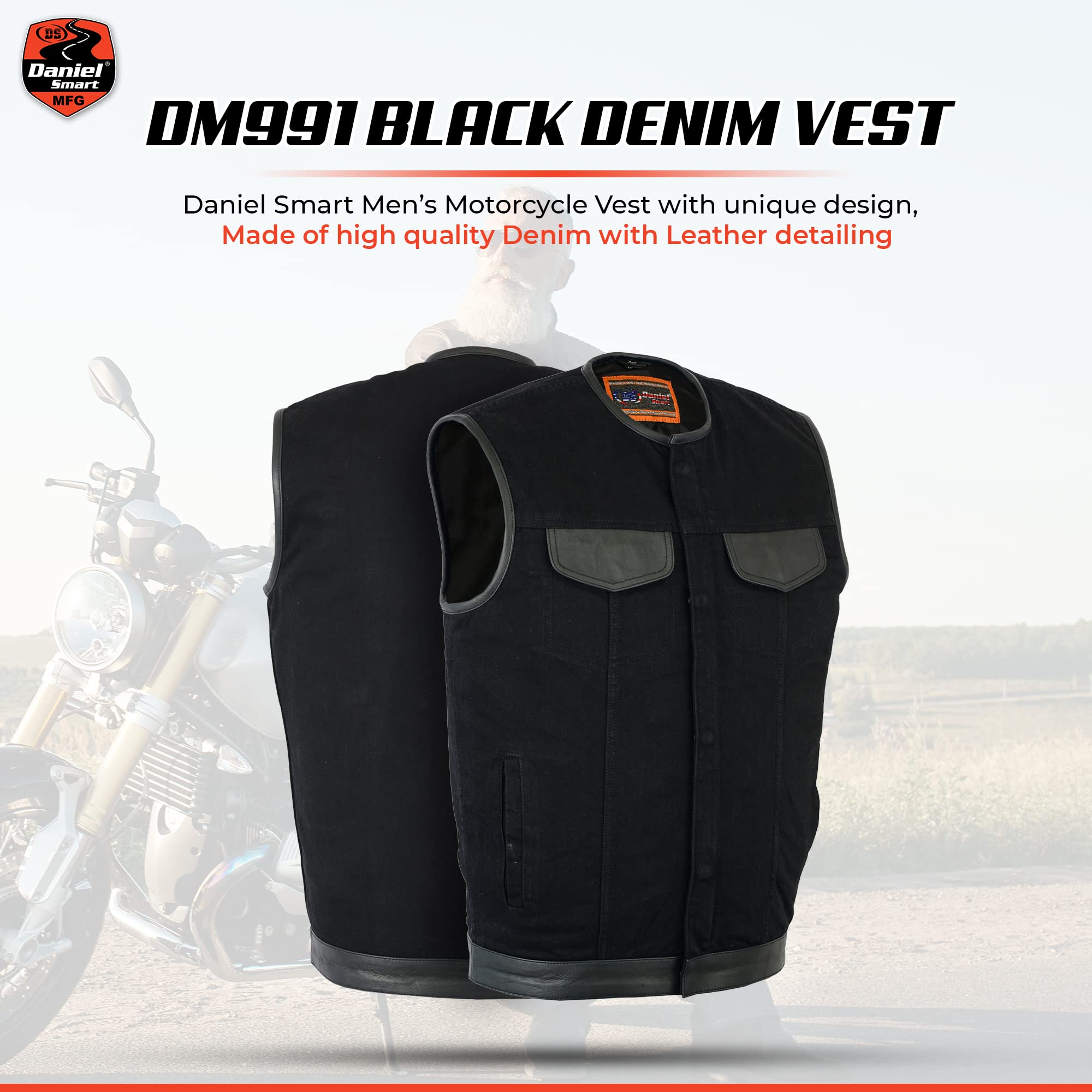 Daniel Smart Men's Black Denim Leather Trim Motorcycle Vest with Conceal Carry Pocket - Stylish Biker Jacket for Riding, Outdoor Adventures & Casual Wear