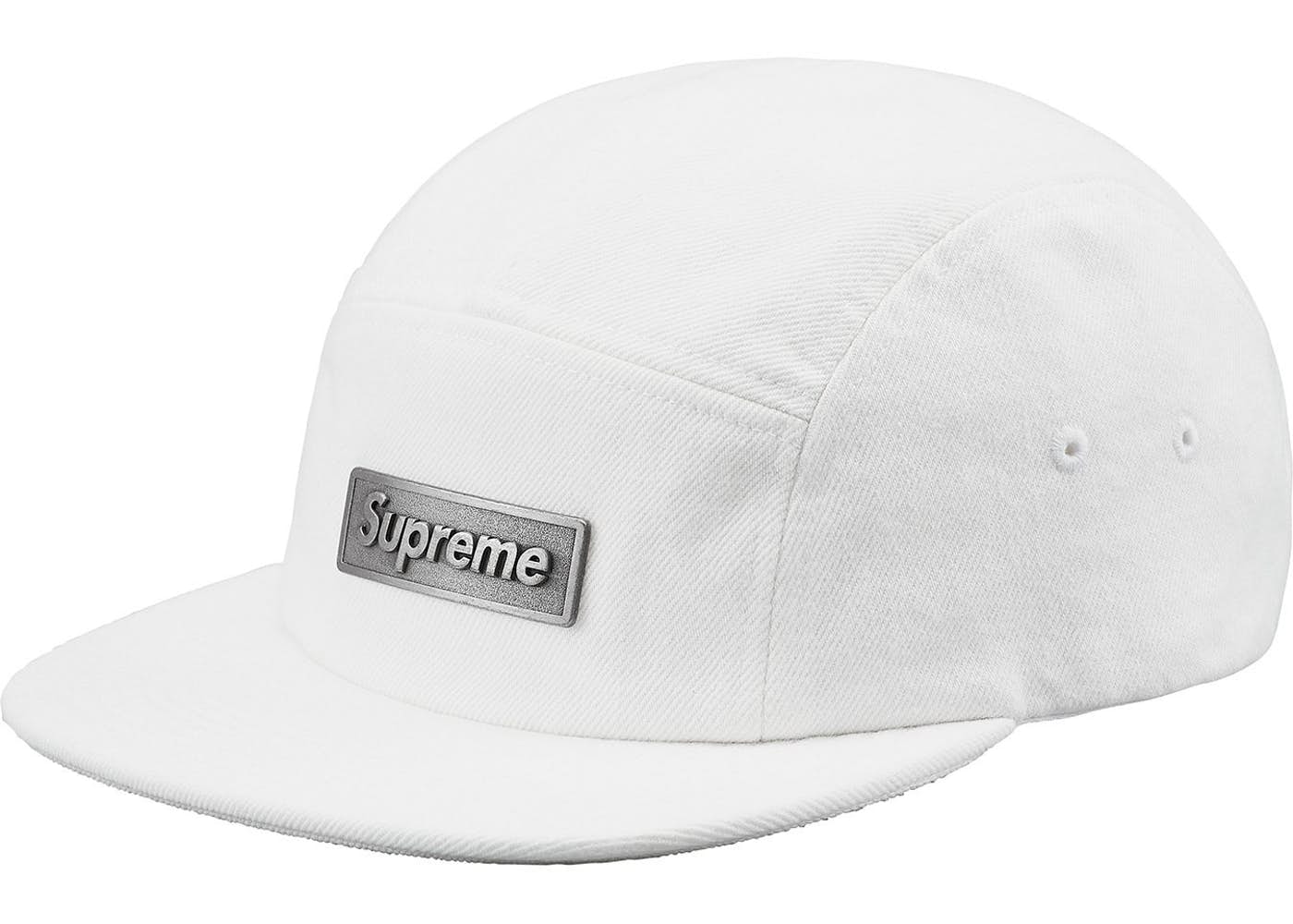 Supreme Metal Plate Camp Cap - Adjustable Snapback Hat for Men & Women - Stylish White Baseball Cap for Streetwear & Outdoor Activities