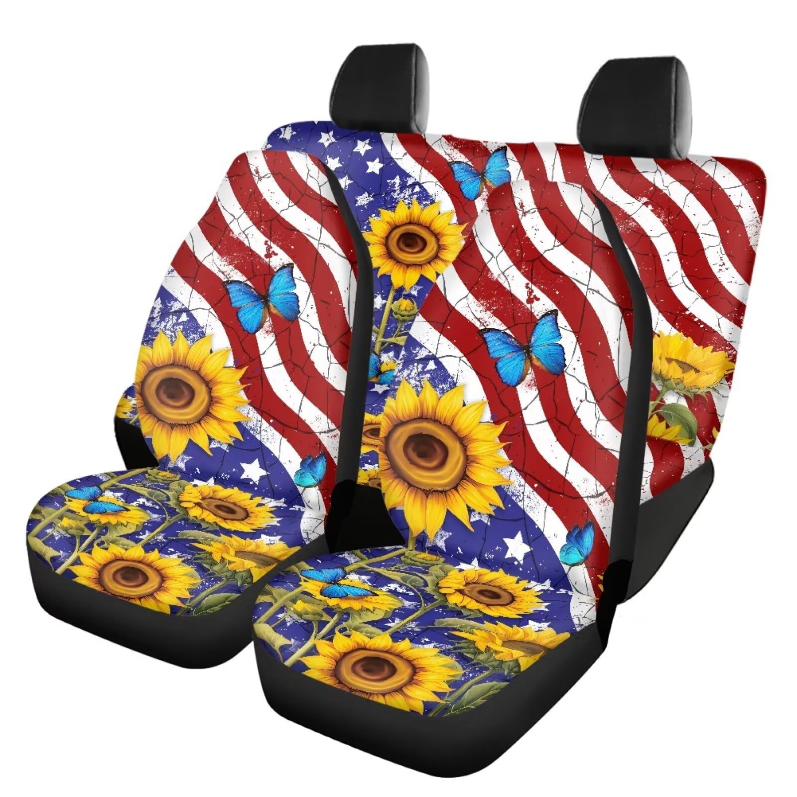 Wideasale 4-Piece USA Flag & Sunflower Butterfly Car Seat Covers Set - Breathable Elastic Front & Rear Bench Protectors for Cars, Trucks, SUVs | Perfect for Road Trips, Daily Commutes & Vehicle Interior Protection