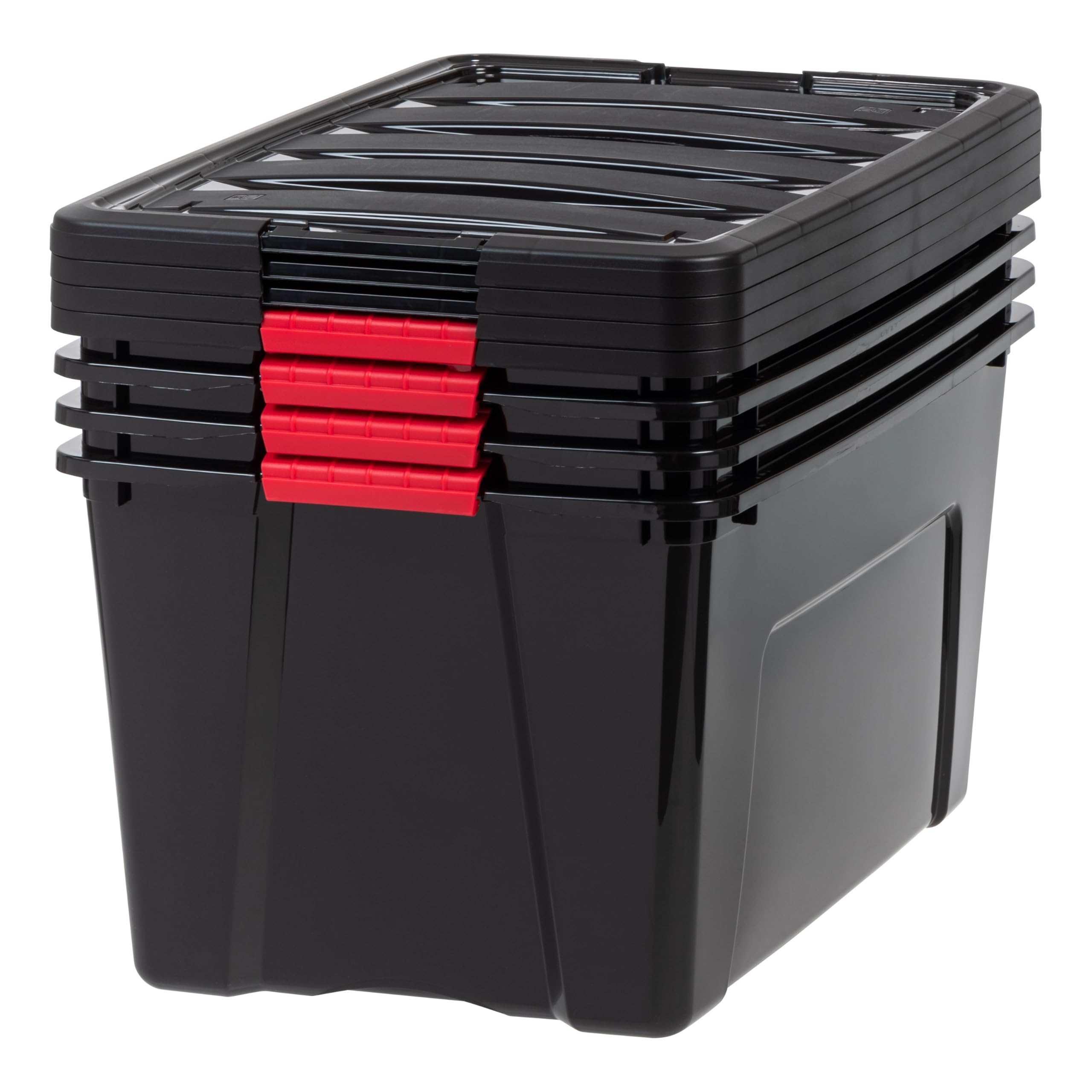 IRIS USA 72 Qt Stackable Plastic Storage Bins with Lids, 4 Pack - BPA-Free, Made in USA - Durable Nestable Containers for Garage, Basement & Closet Organization - Secure Pull Handle & Latches - Black Storage Bins for Home, Office & Warehouse Use