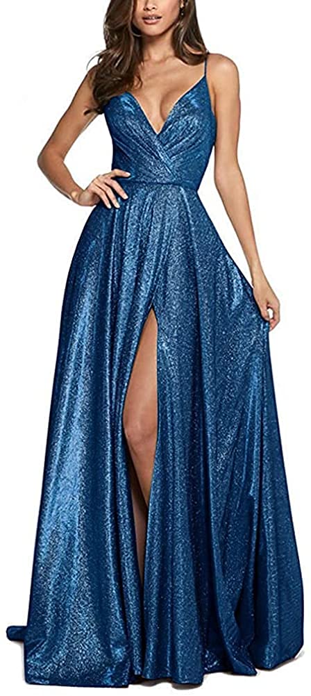 Yadressy Women's Long Glitter Prom Dress - V Neck Sleeveless Ball Gown A-Line Wedding Party Dress with Thigh High Slit (GY11) | Perfect for Homecoming, Evening Gala, Bridesmaid & Formal Events