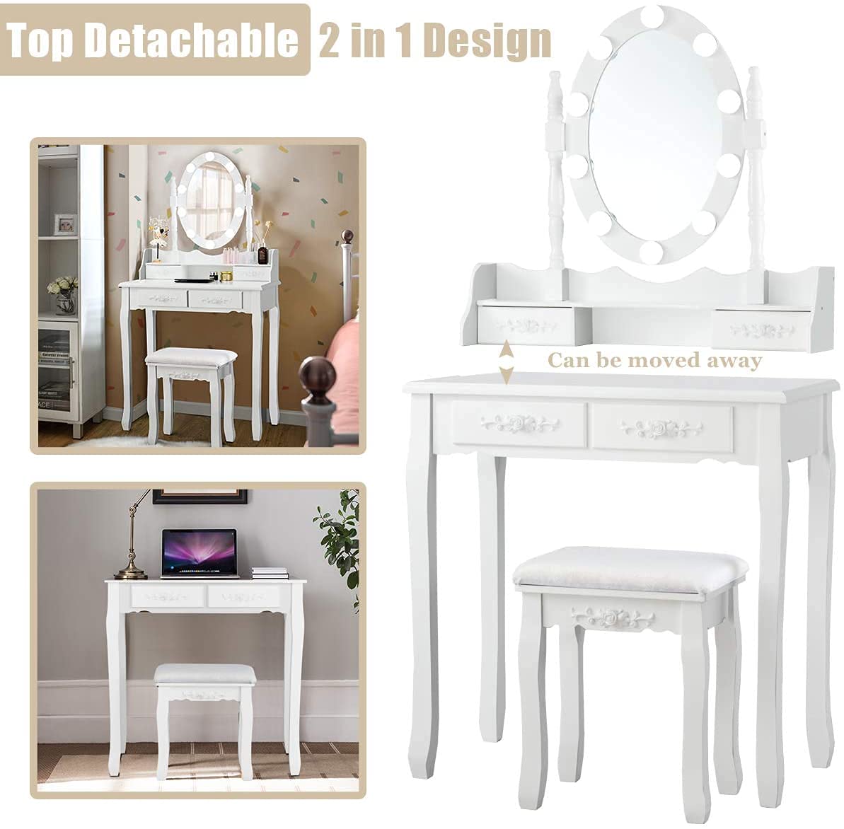 LDAILY Vanity Table Set with Lighted Mirror - 10 LED Lights, 4 Drawers & Oval Dressing Desk with Cushioned Stool for Women & Girls (White/Black/Dark Brown) | Perfect for Bedroom Makeup, Skincare & Hair Styling