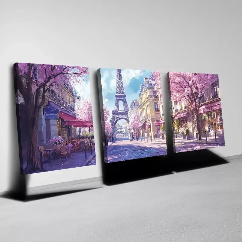 3-Piece Cherry Blossoms Eiffel Tower Paris Street Art Canvas Set - 50x70cm Framed Wall Decor | High Quality Print | 100% Australian Made | Ready to Hang | Perfect for Living Room, Bedroom & Office Decor