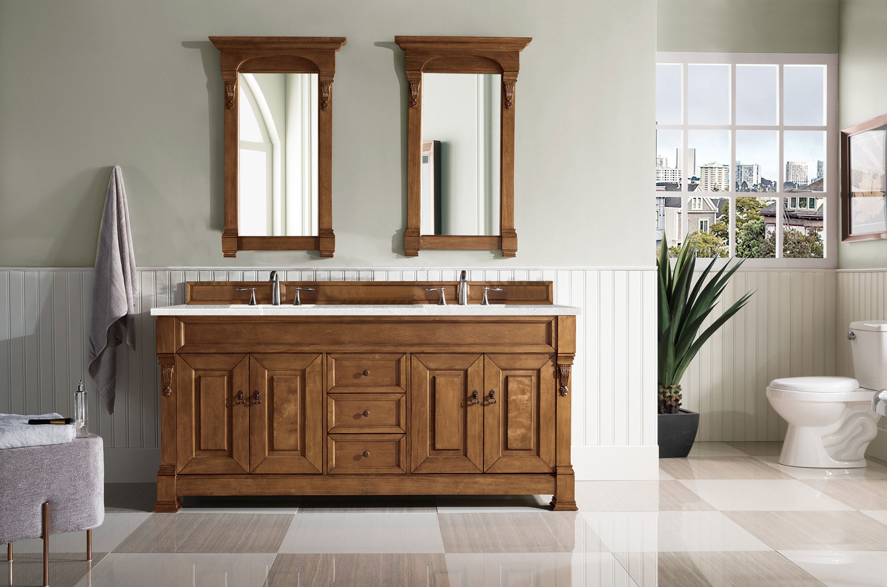 Brookfield 72 Inch Double Bathroom Vanity with Country Oak Finish and 3CM Eternal Serena Quartz Countertop - Perfect for Master Bathroom and Modern Farmhouse Style Homes