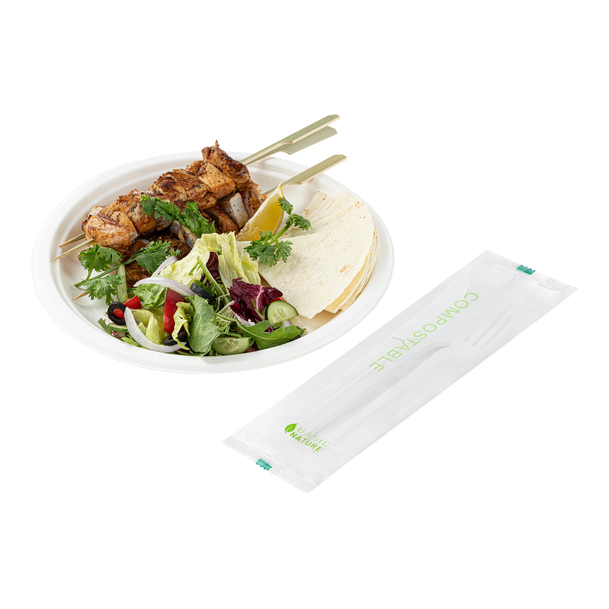 Eco-Friendly Compostable CPLA Plastic Cutlery Set - 100-Piece White Utensils with Heat-Resistant Compostable Wrapper (6.5