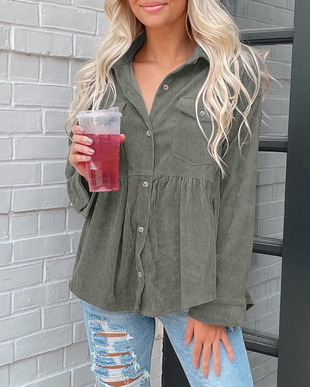Women's Corduroy Peplum Shacket Jacket - Long Sleeve Button Down Oversized Blouse Top for Casual Wear | Fall & Winter Fashion, Layering Essential, Office & Weekend Outfits