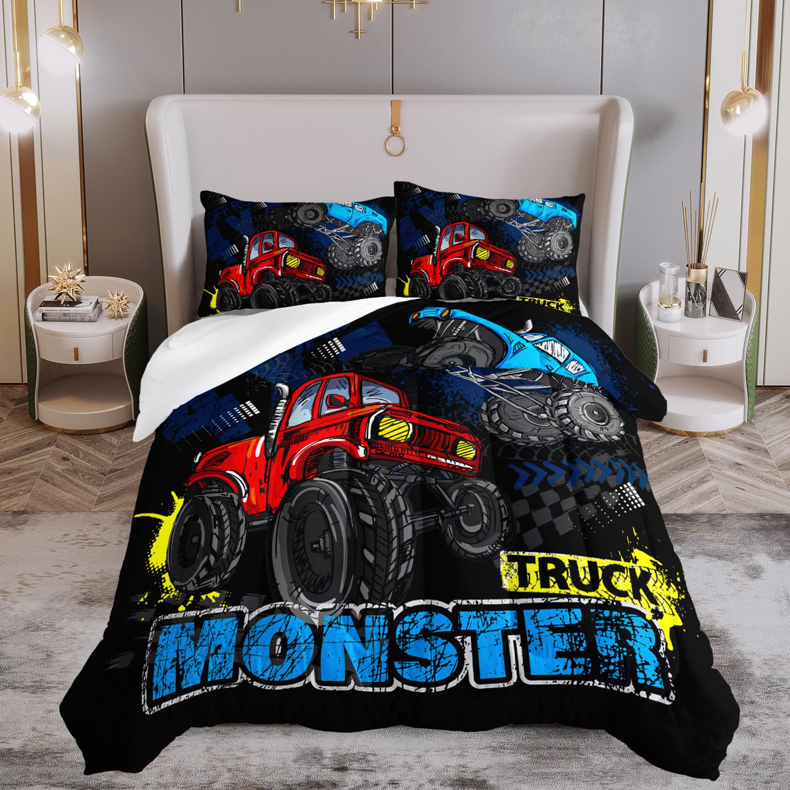 QOOMO Truck Comforter Set for Kids & Teens - Cars Themed Twin Size Bedding, 3 Piece Microfiber Comforter with 2 Pillowcases - Soft, Lightweight & Breathable - Perfect for Boys' Bedroom, Dorm Room or Sleepovers (Black)