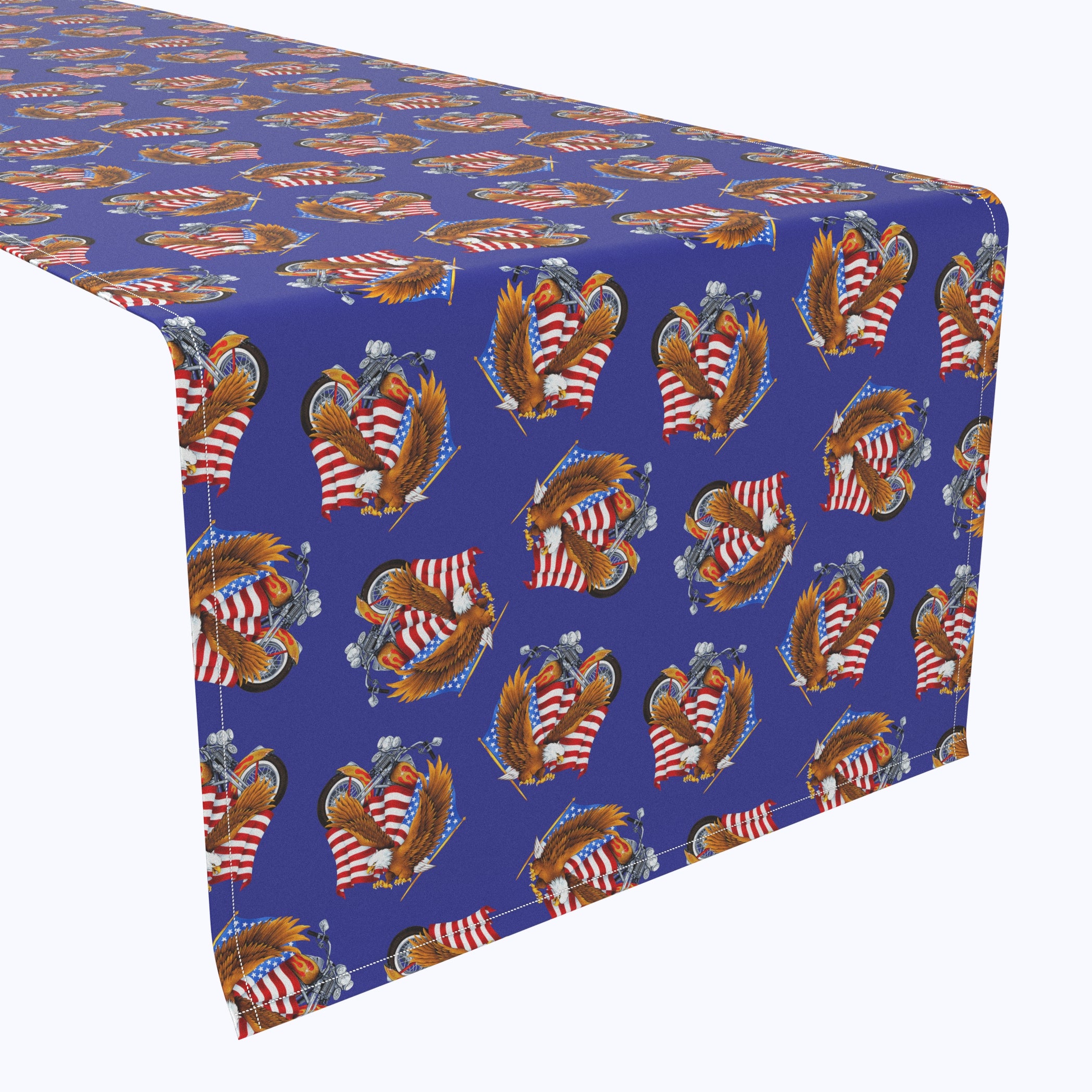 Patriotic American Bald Eagle & Motorcycle Themed Blue Table Runner - Perfect for 4th of July, Memorial Day & Biker Party Decorations