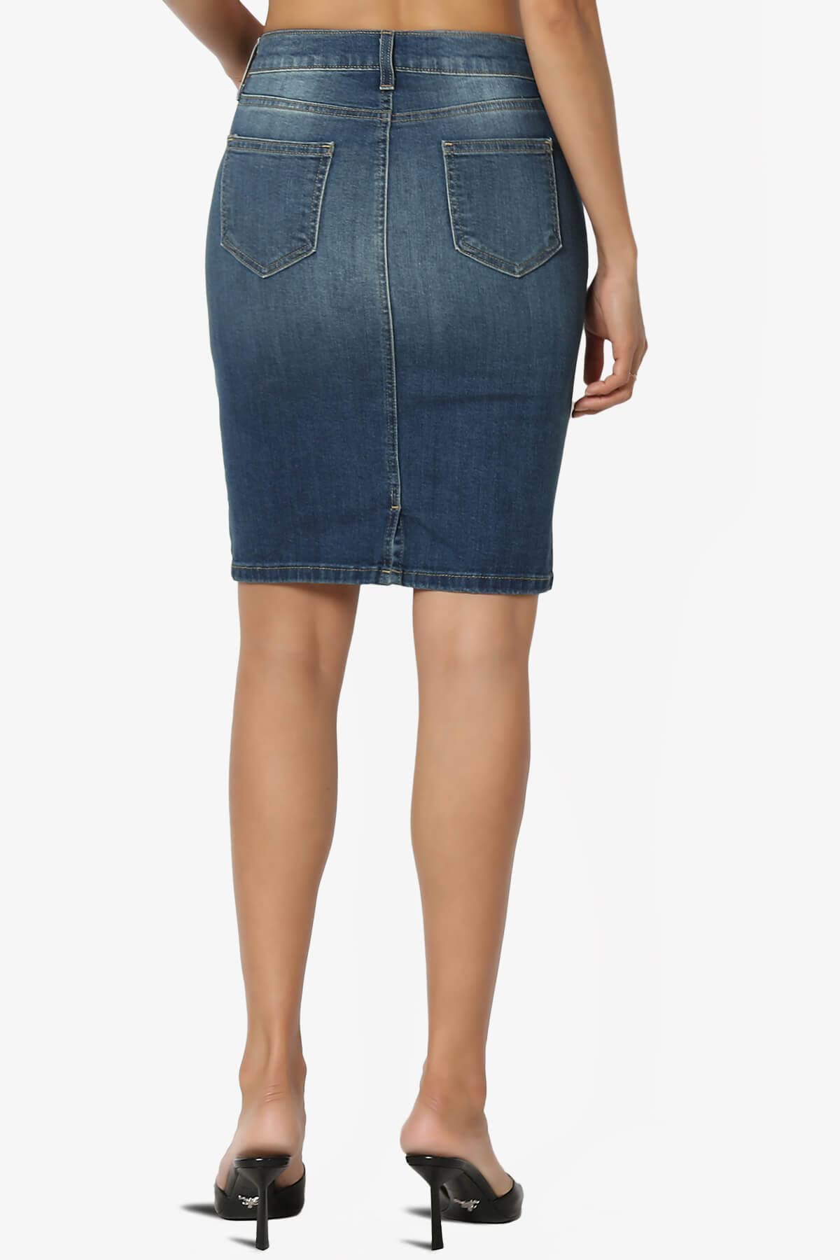 The Mogan Stone Wash Jean Pencil Knee-Length Midi Stretch Denim Skirt for Women - Vintage Style Slim Fit Denim Skirt for Casual Outfits, Office Wear & Date Night