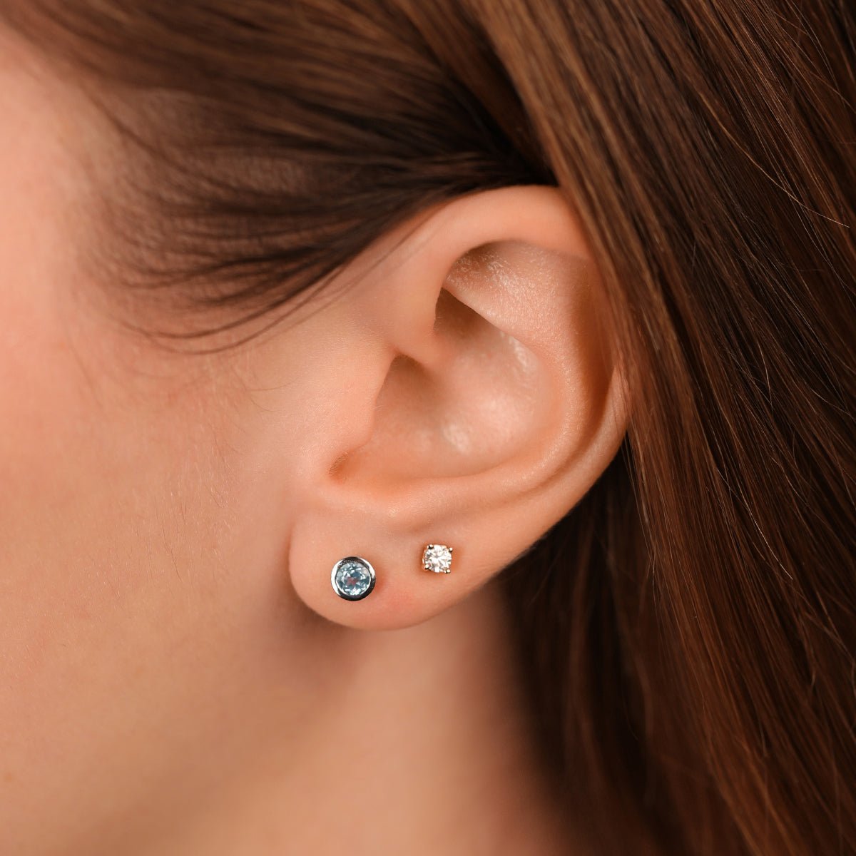 14K White Gold Round Blue Topaz Stud Earrings - Bezel Set Gemstone Jewelry for Women - Perfect for Weddings, Parties & Everyday Wear