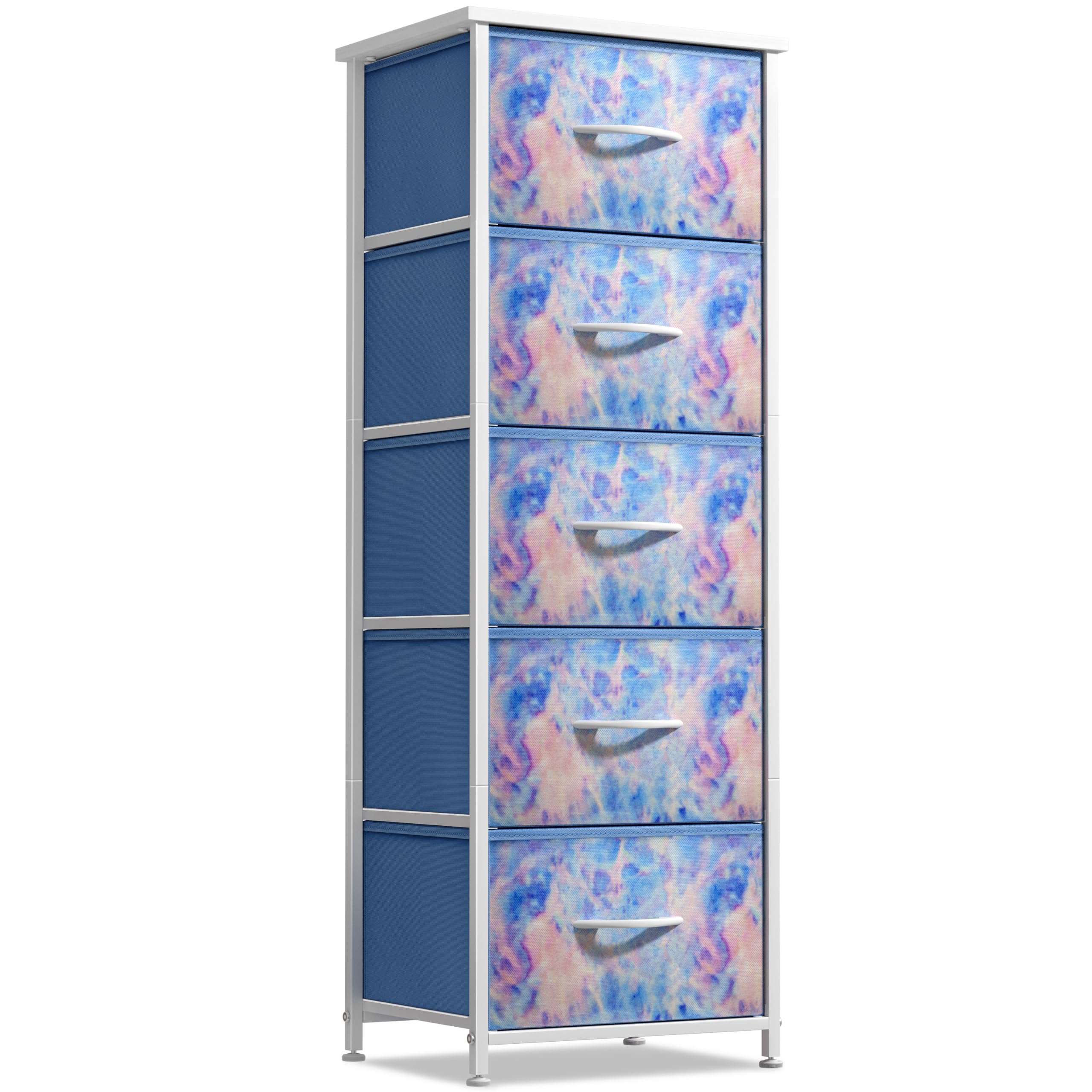 Sorbus 5-Drawer Fabric Dresser for Kids - Tall Storage Tower with Wood Handles & Steel Frame, Tie-Dye Blue - Perfect for Nursery, Playroom & Closet Organization | Kids Clothing Organizer & Toy Storage Solution