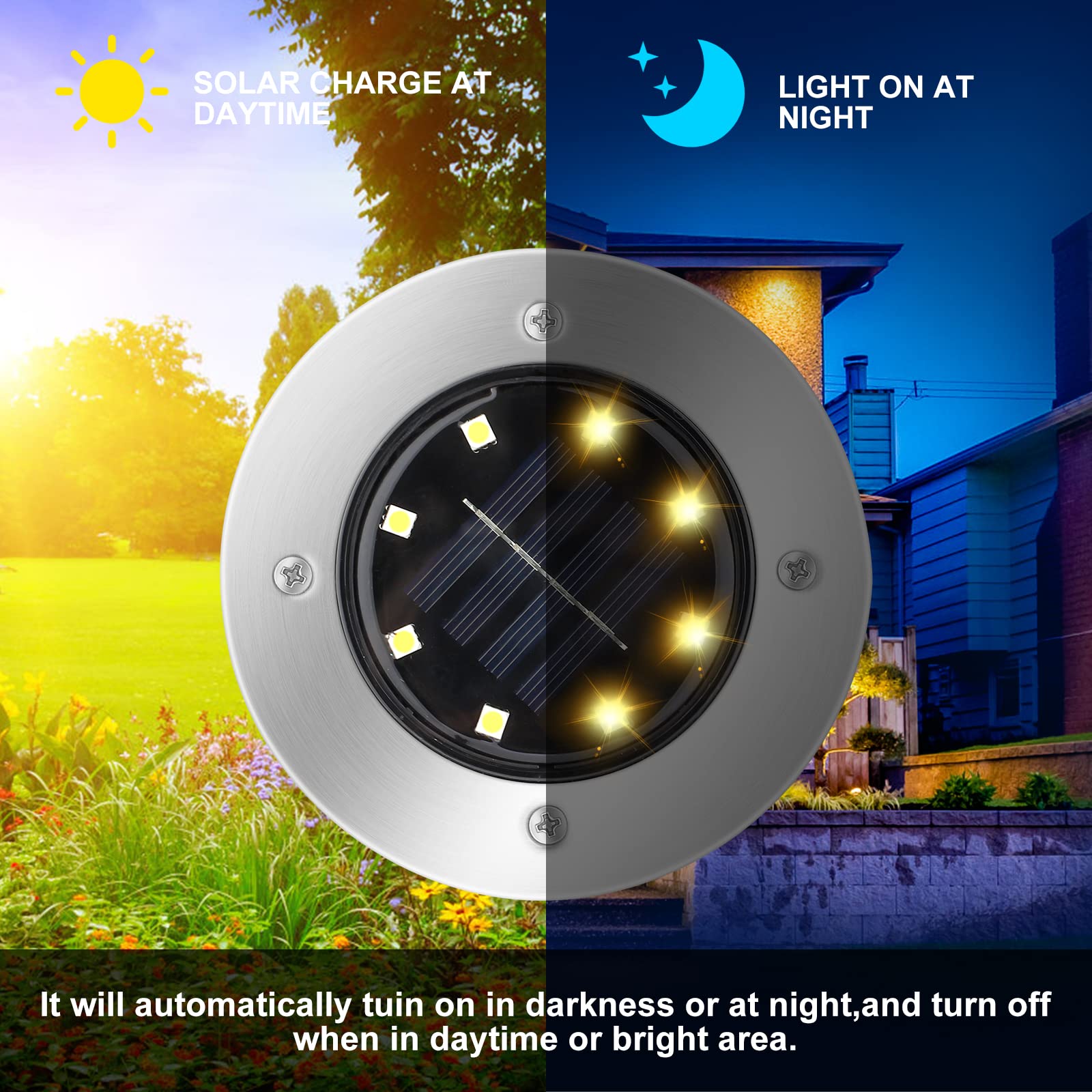 Solar Ground Lights Outdoor Waterproof - 4 Pack 8-LED Solar Disk Garden Path Lights for Pathway, Lawn, Yard, Patio, Driveway & Pool - Warm White Landscape Lighting for Decorative & Safety Use at Night