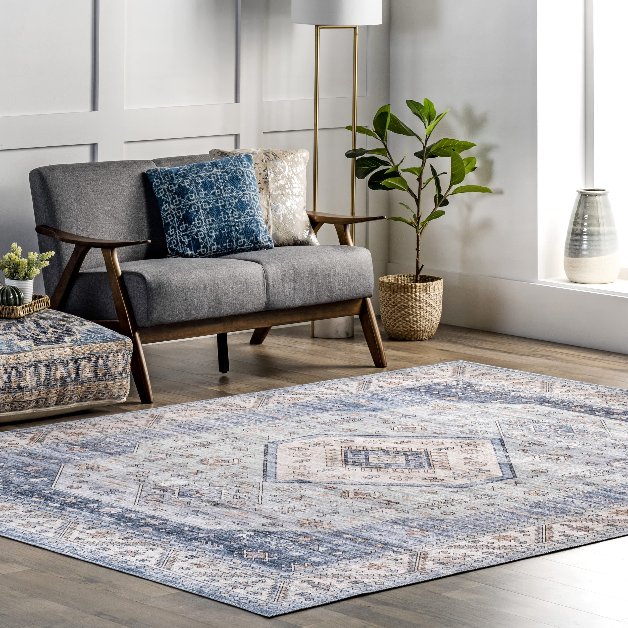 nuLOOM Elowyn Washable Medallion Area Rug 5' x 8' Blue - Perfect for Living Room, Bedroom & Office Decor