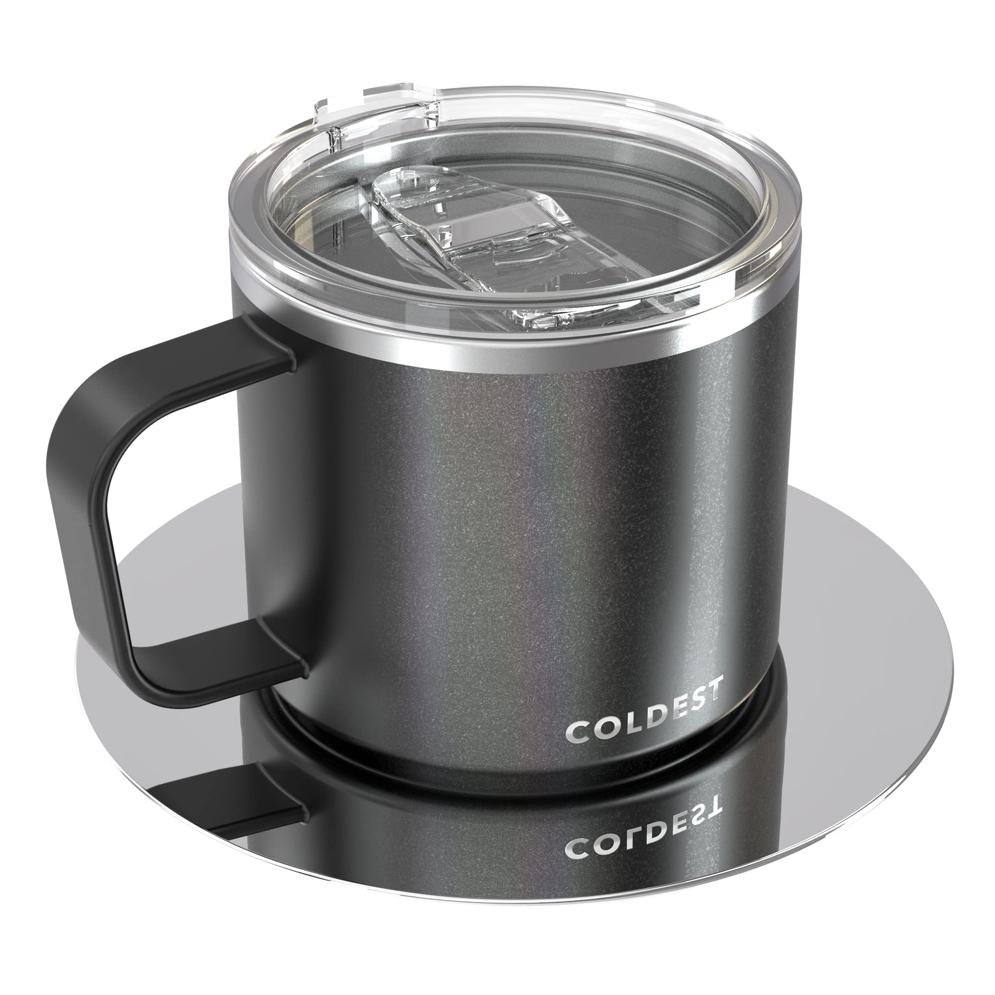 Stackable Insulated Espresso Cup with Saucer by Coldest - Triple Wall Stainless Steel Travel Mug, 4 oz Double Shot Coffee Cup with Sliding Lid, Stardust Glitter Design - Perfect for Home, Office, and Outdoor Adventures