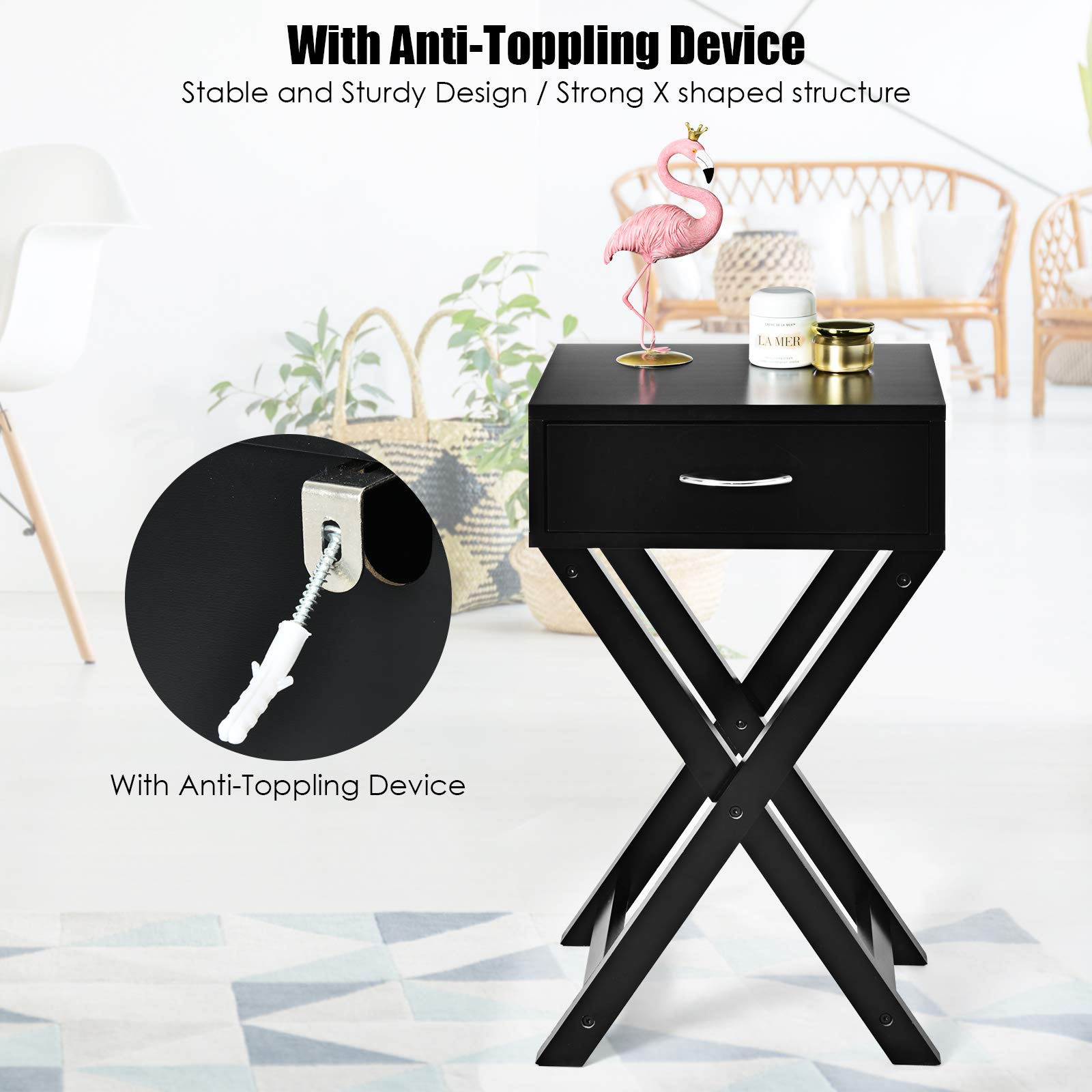 Giantex Black X-Shaped Nightstand with Drawer - Modern Accent End Table for Bedroom & Living Room - Perfect as Sofa Side Table, Nightstand or Bedside Table