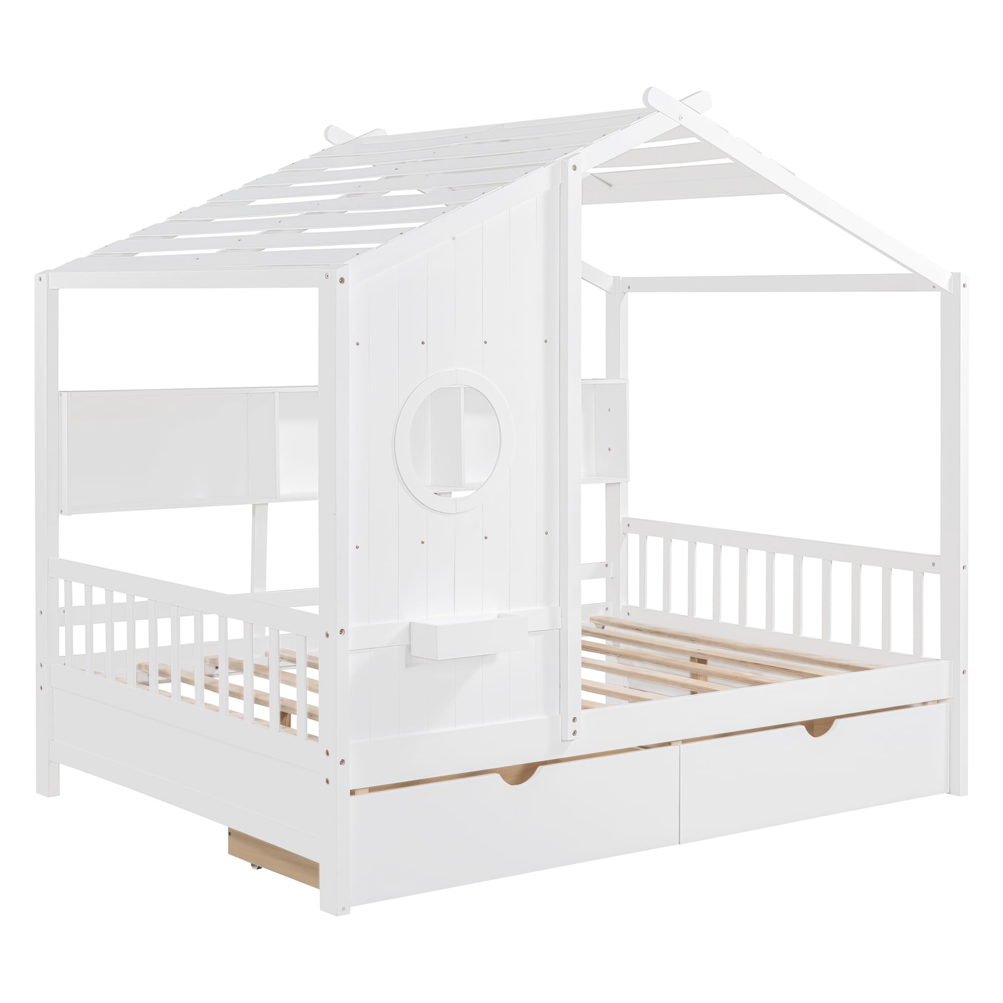 **Full Size Wooden Kids House Bed with Storage Drawers & Shelves - Montessori Playhouse Bed for Boys & Girls - White - Perfect for Bedrooms, Playrooms & Montessori Learning Spaces**