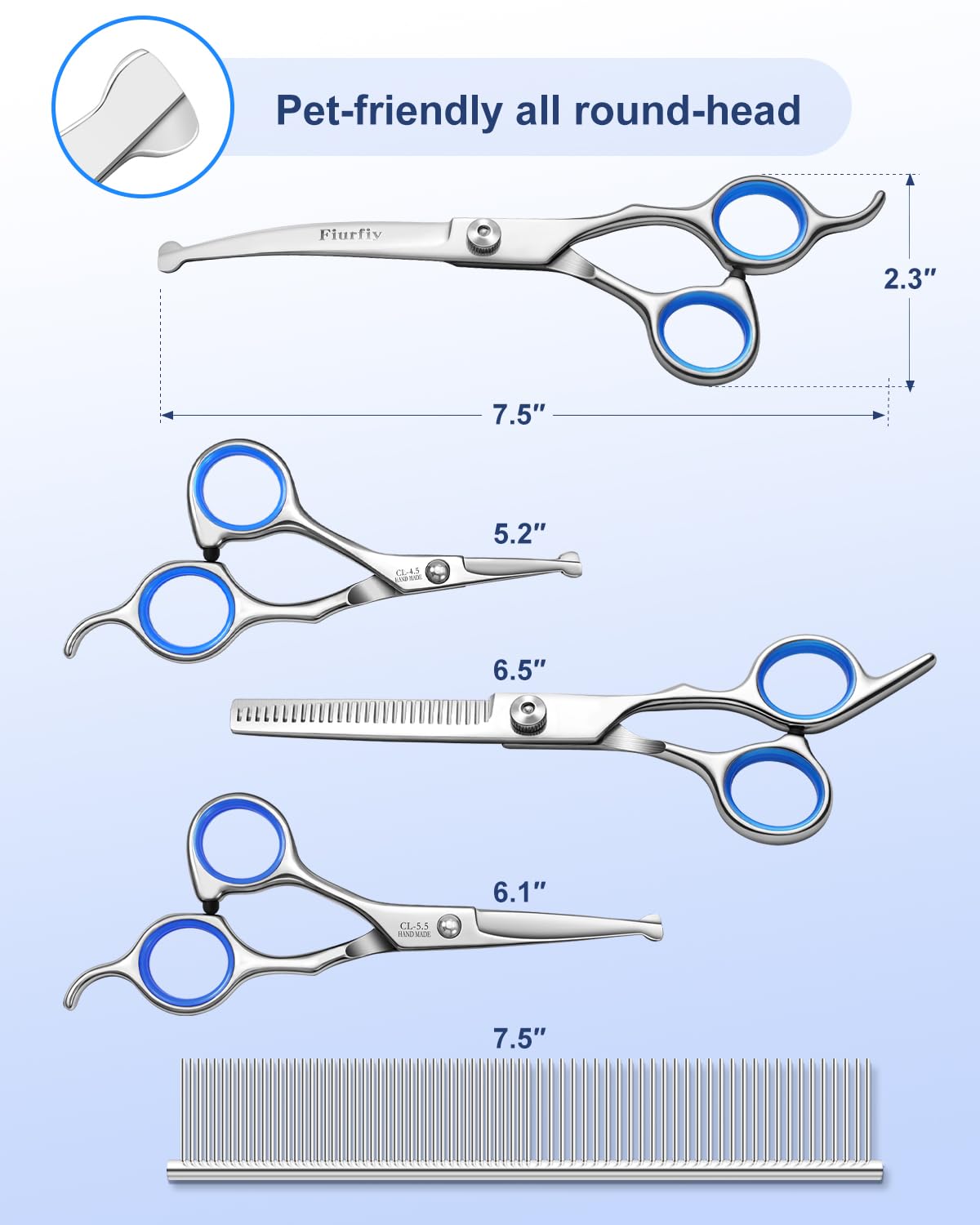 Professional 5-in-1 Dog Grooming Scissors Set with Safety Round Tips - Curved & Straight Pet Hair Cutting Shears for Dogs & Cats - Perfect for Home Grooming, Trimming & Styling