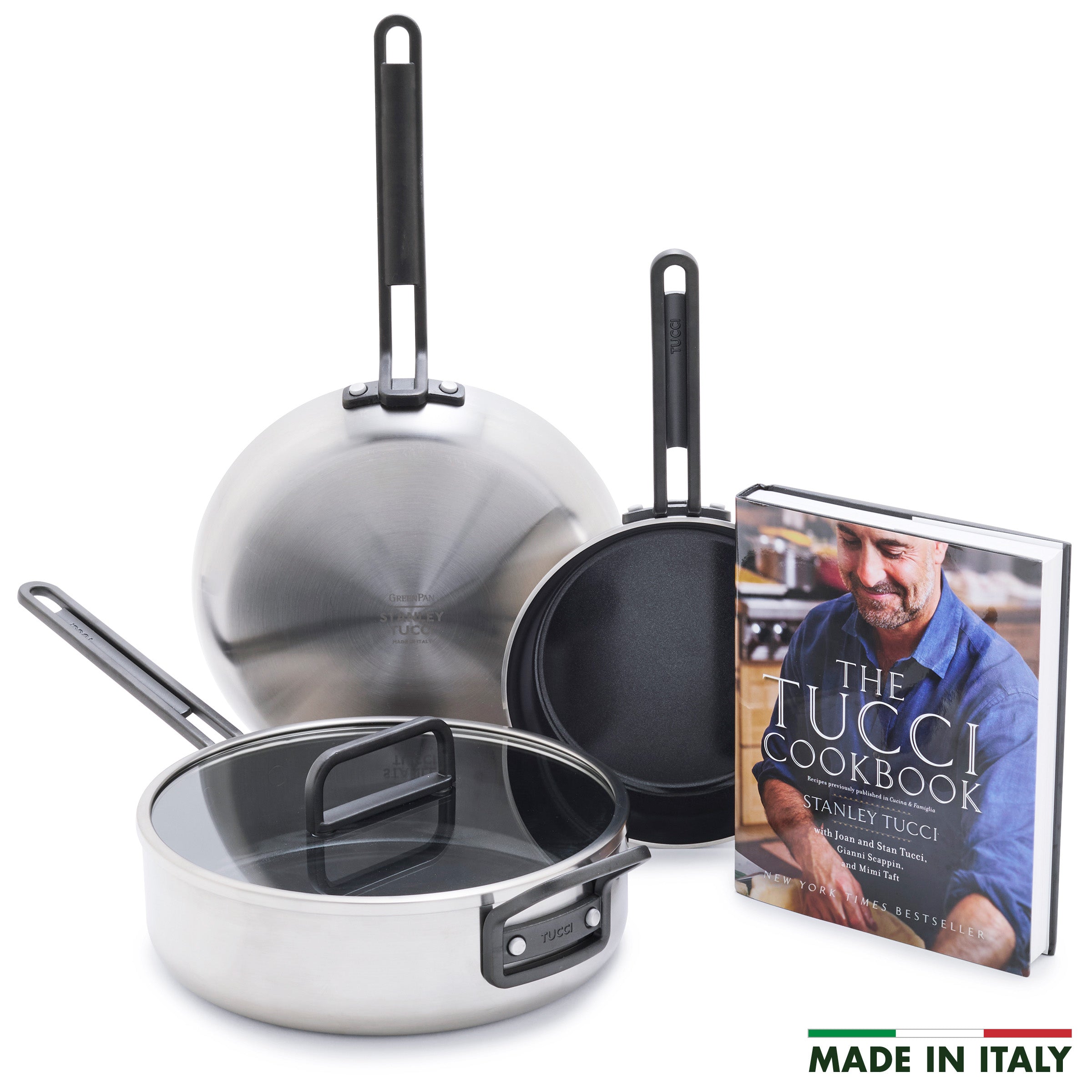 Stanley Tucci™ Premium 4-Piece Stainless Steel & Ceramic Nonstick Cookware Set with Free Tucci Cookbook – Perfect for Home Chefs & Gourmet Cooking