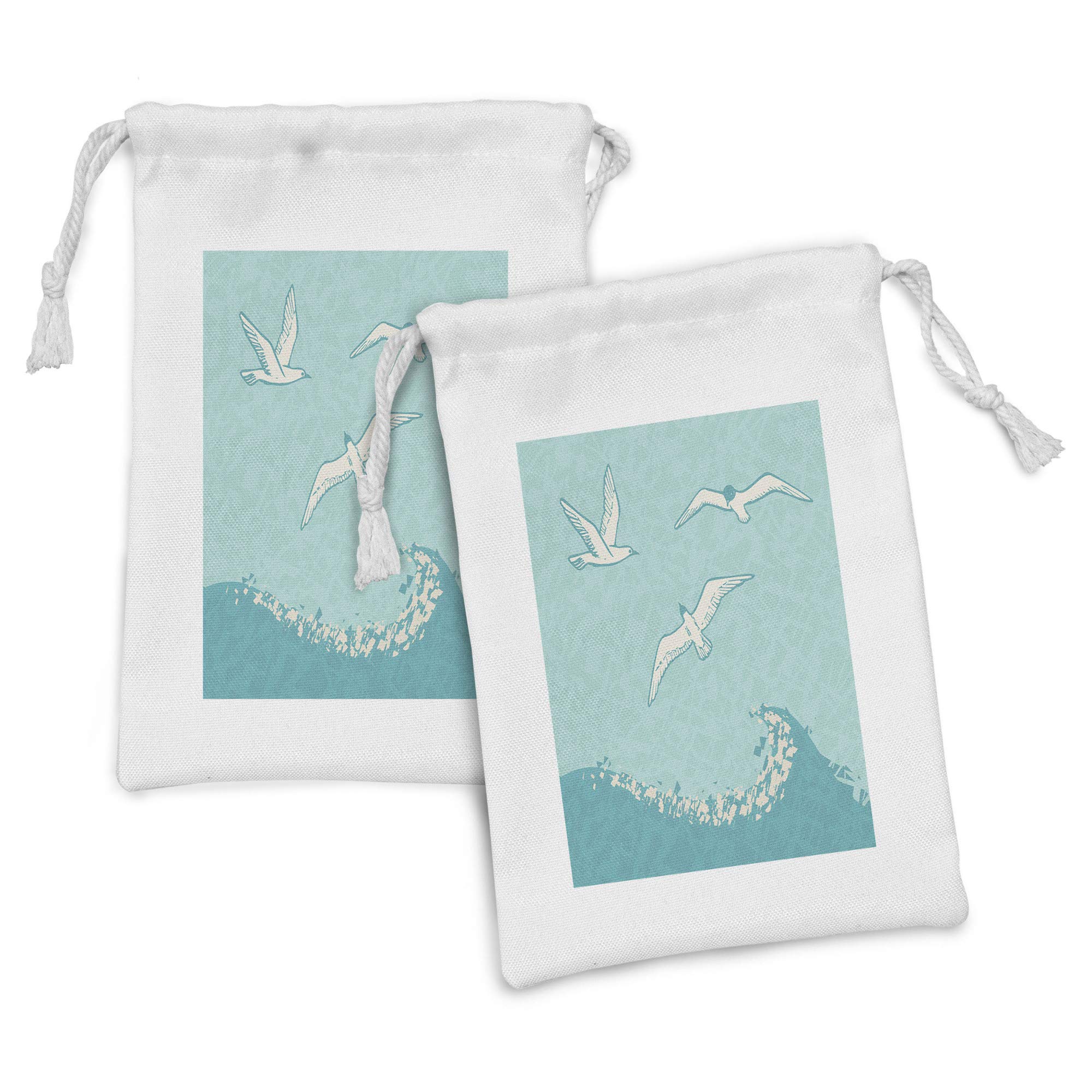 Ambesonne Abstract Fabric Pouch Set of 2 - Flying Seagulls & Grunge Sea Wave Design, Small Drawstring Bags for Toiletries, Makeup, Jewelry & Travel Essentials (9