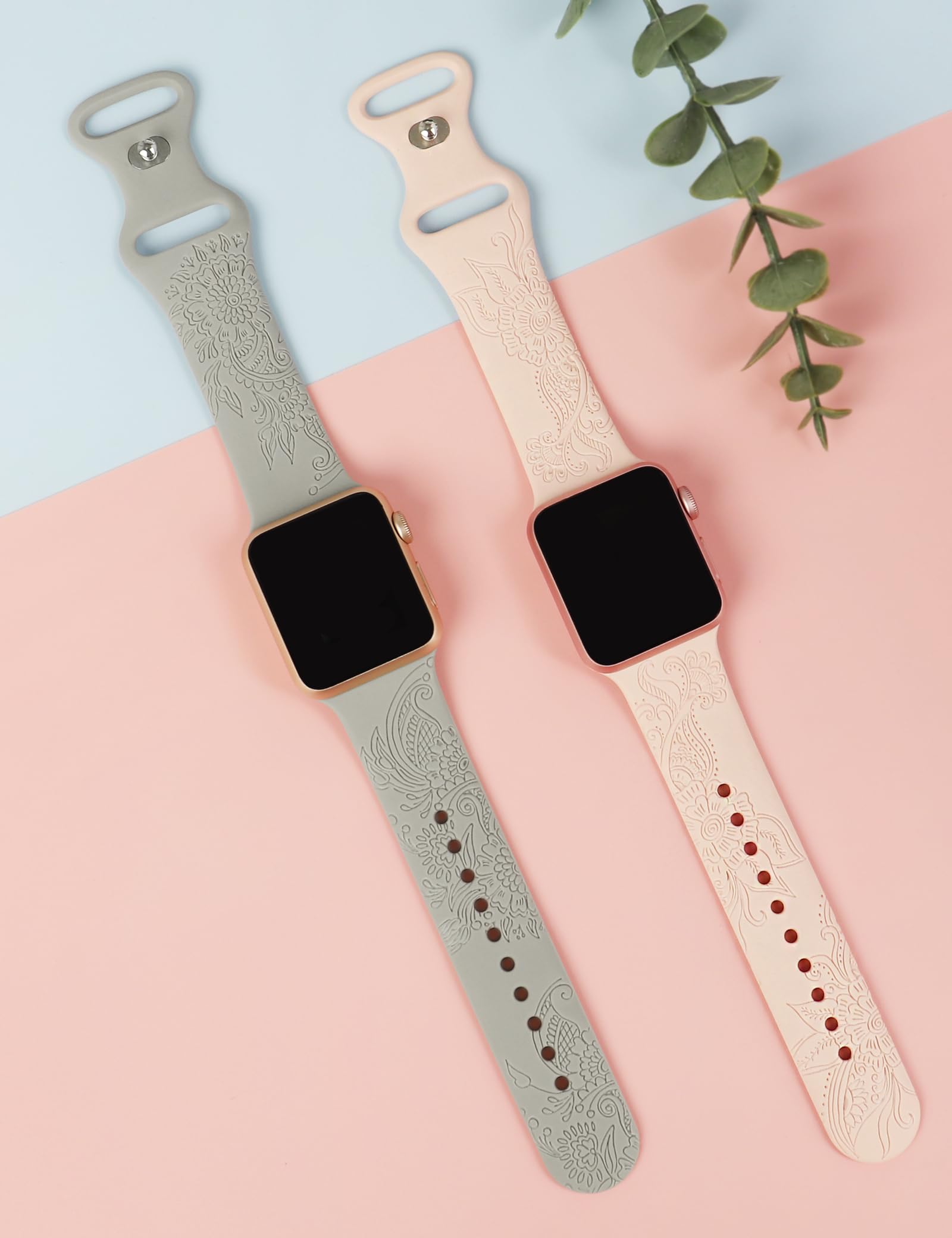 2 Pack Floral Engraved Silicone Replacement Bands for Apple Watch 38mm 40mm 41mm 42mm 44mm 45mm 49mm - Compatible with iWatch Series 8/7/6/5/4/3/2/1/SE/Ultra - Stylish & Durable Watch Strap for Women & Men - Perfect for Workouts, Office & Everyday Wear