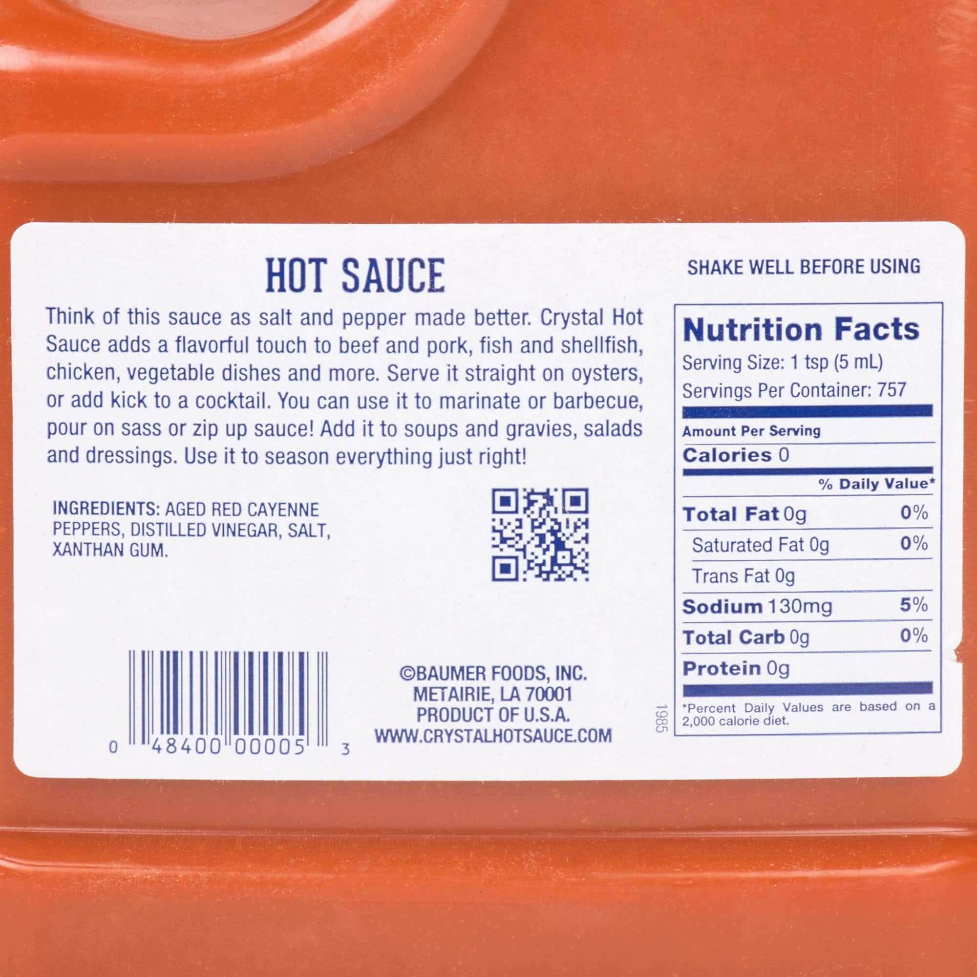 Louisiana's Pure Hot Sauce - Crystal Hot Sauce, 1 Gallon (128 Fl Oz) Bulk Size for Restaurants & Catering - Perfect for Wings, Seafood, BBQ & Cajun Cooking