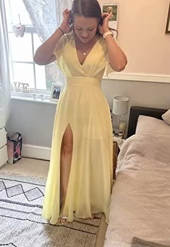Elegant Pink Long Bridesmaid Dresses 2023 - Ruffle Sleeves, V-Neck A-Line with Side Slit - Plus Size 22 Wedding Guest & Formal Evening Gowns - Perfect for Weddings, Proms, Galas & Special Occasions