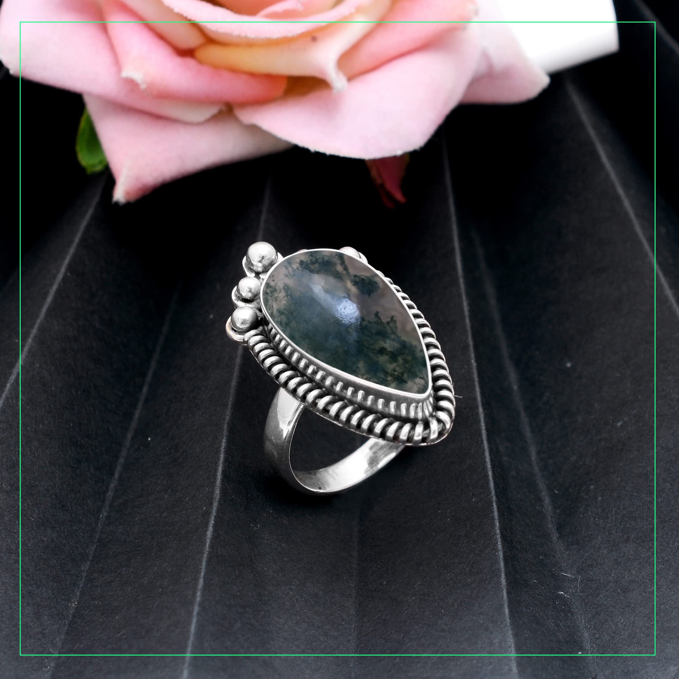 Veracity Jewelry Moss Agate Rings for Women - 925 Sterling Silver Healing Meditation Rings with Natural Green Gray Moss Agate Gemstone - Elegant Spiritual Jewelry for Yoga, Meditation & Everyday Wear - VSR-498
