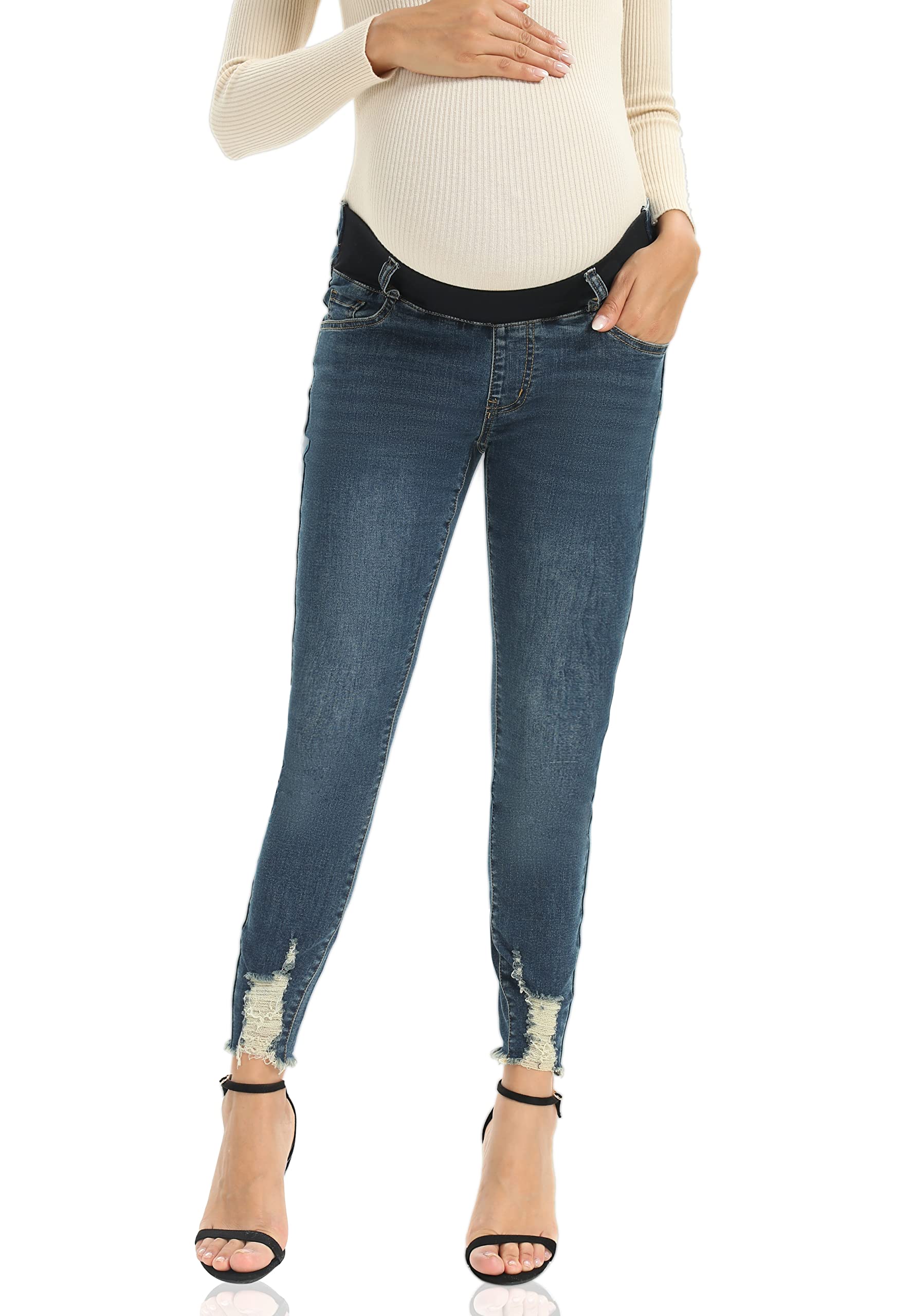 Foucome Women's Maternity Jeans - Under Belly Skinny Jeggings with Stretch, Comfortable Distressed Denim Pants for Pregnancy | Perfect for Casual Wear, Work & Everyday Outfits