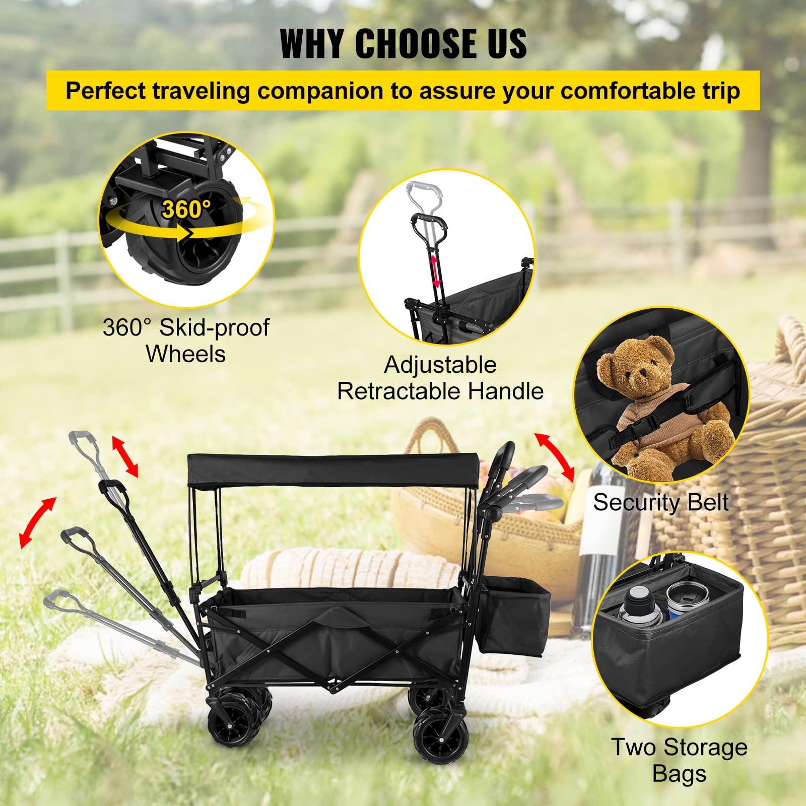 VEVOR Heavy Duty Collapsible Wagon with Removable Canopy - 220lbs Capacity Foldable Utility Cart with Large All-Terrain Wheels & Adjustable Push/Pull Handles - Perfect for Beach Trips, Camping, Grocery Shopping & Outdoor Adventures