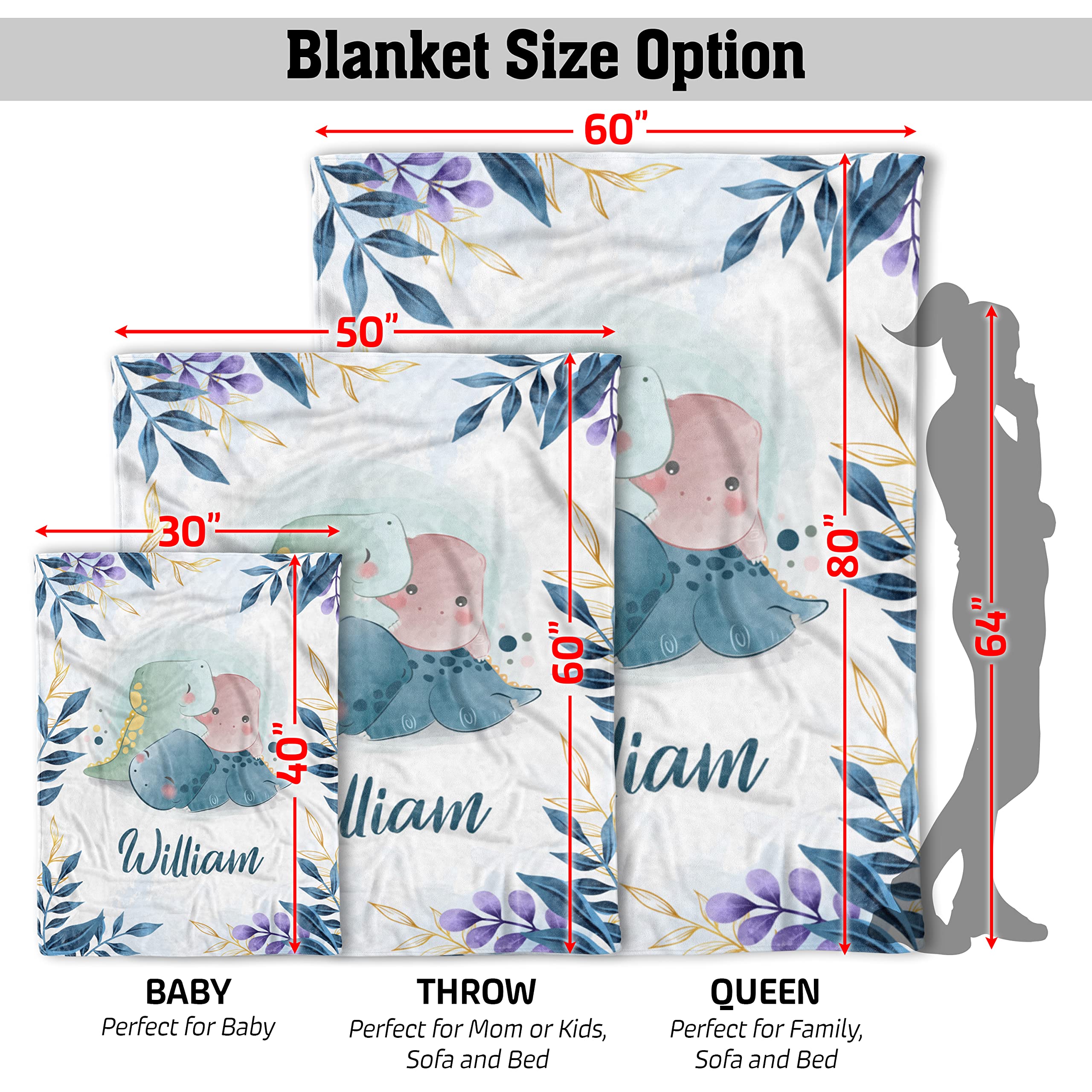 Custom Personalized Baby Boy Dinosaur Fleece Blanket 30'x40' - Embroidered Name Blanket for Newborns, Swaddle & Nursery Decor - Perfect for Gifts, Photo Shoots & Cozy Bedtime