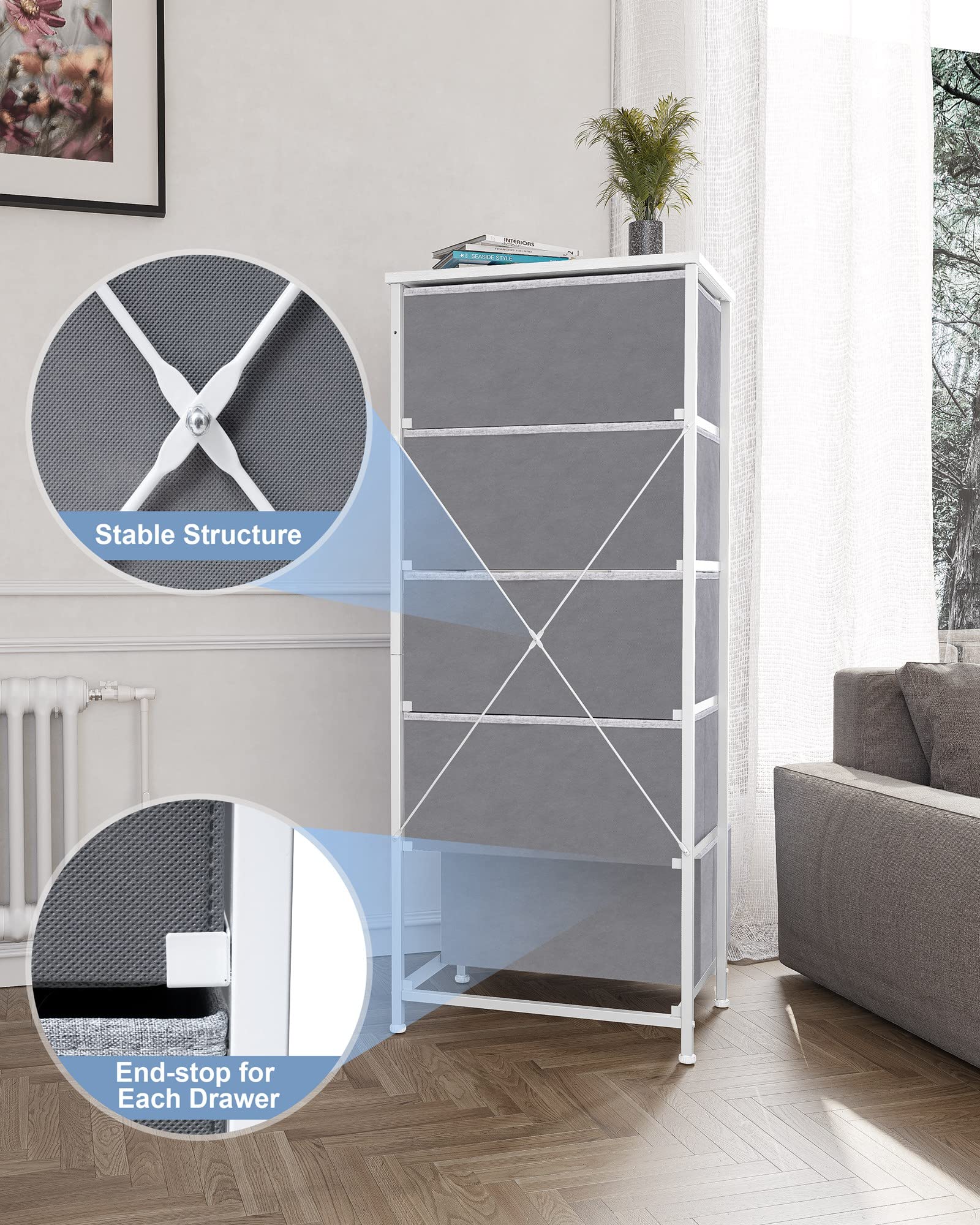 Vertical Dresser Storage Tower with Steel Frame & Wood Top - 5 Drawers for Bedroom & Closet Organization (Light Gray)