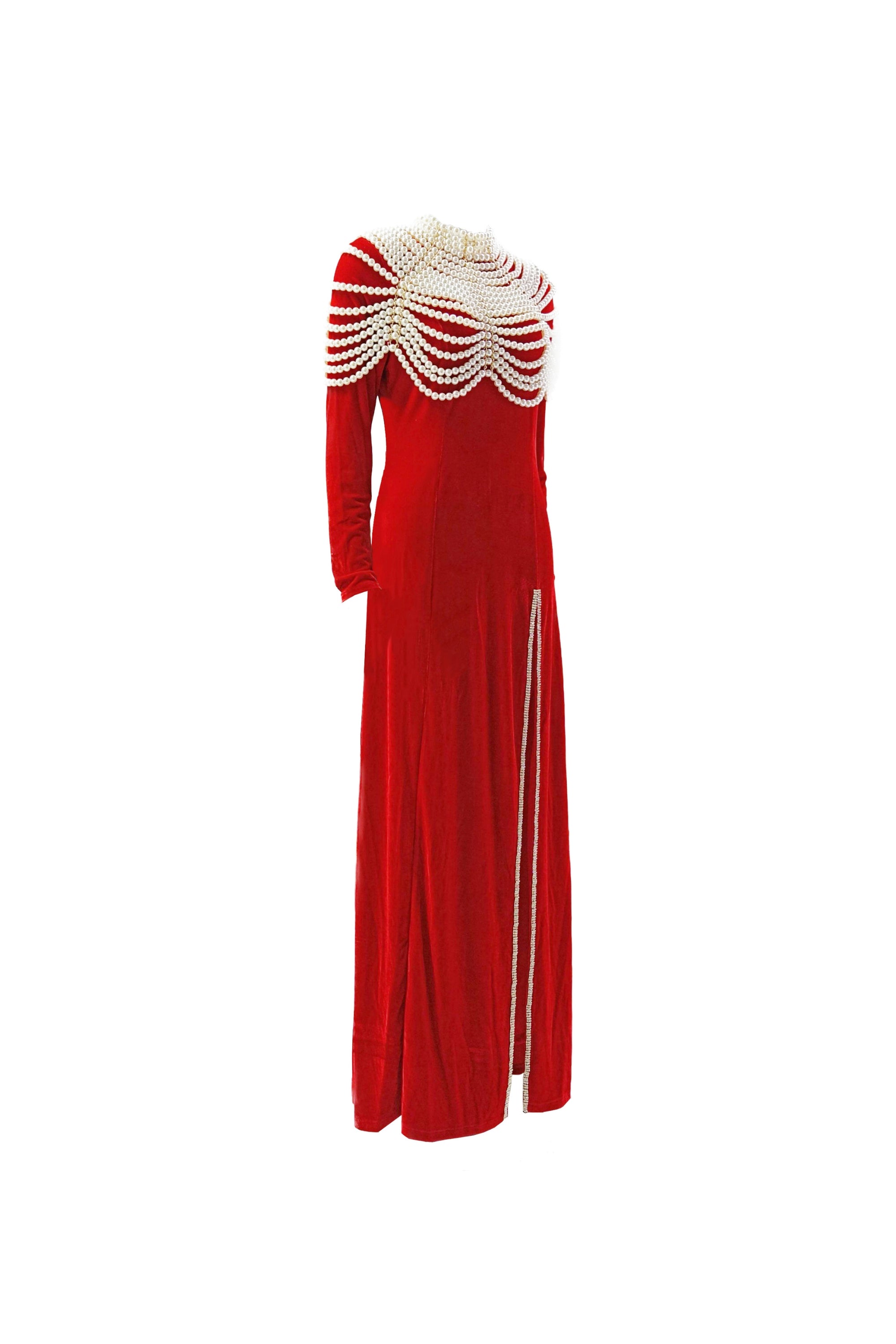 AALIYAH Pearl Embellished Velvet Maxi Dress in Red - Elegant Evening Gown for Parties, Weddings & Special Occasions