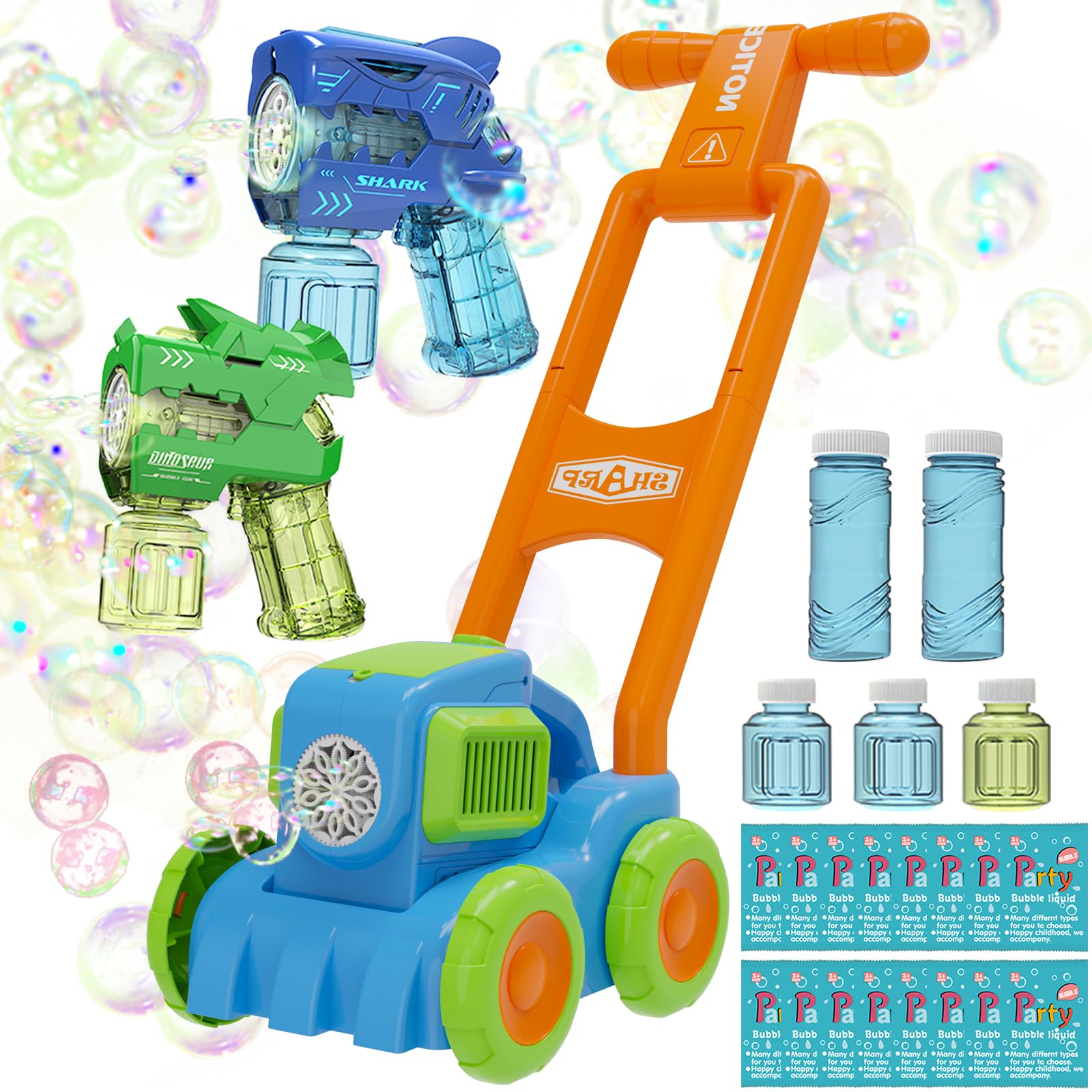 3-Piece Bubble Lawn Mower & 2 Bubble Guns Set - Outdoor Push Toy with Endless Bubbles for Kids, Backyard Gardening Play, Birthday Party Favors - Includes Luxury Bubble Refill Solution (Green) - Perfect for Summer Outdoor Fun, Garden Parties, and Kids' Playtime Activities