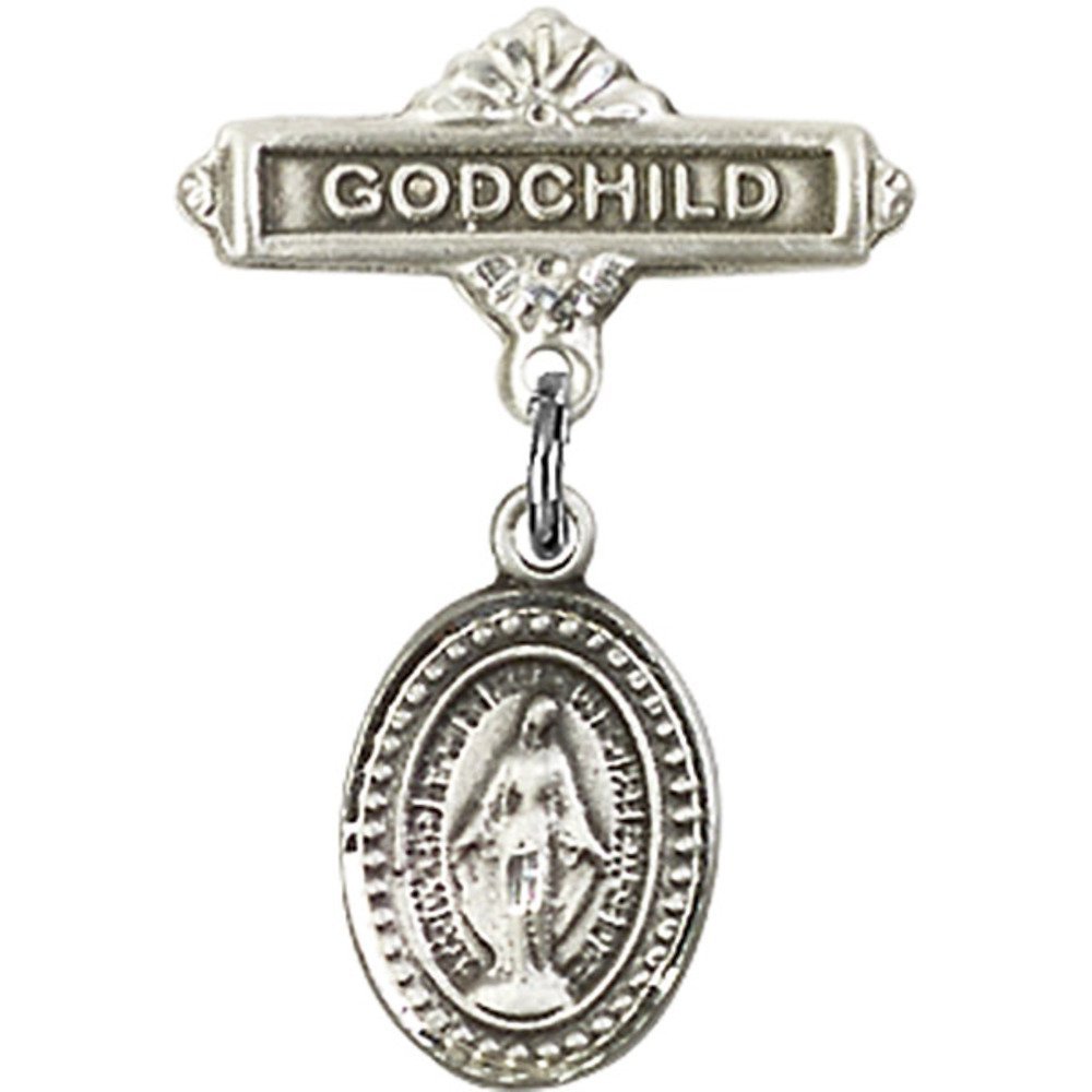 925 Sterling Silver Baby Badge with Miraculous Charm & Godchild Pin - 1 x 5/8 Inch - Perfect for Christenings, Baptisms & First Communion Gifts