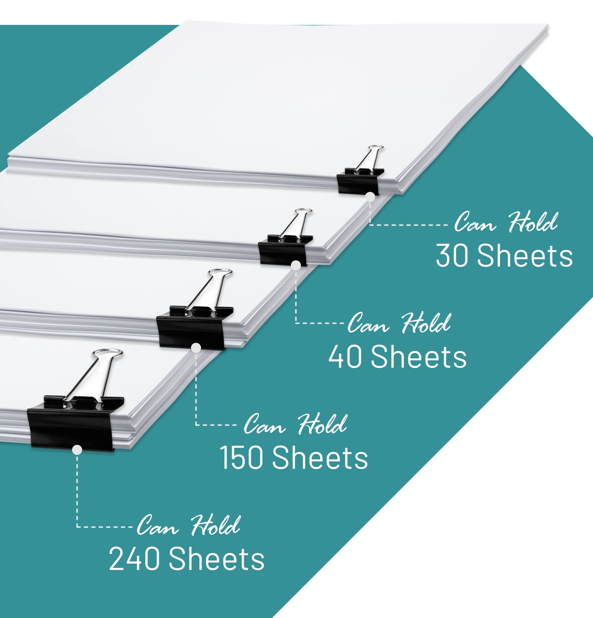 144-Pack Assorted Size Binder Clips Set - Large, Medium, Small & Mini Paper Clamps (36 Each) - Black Office Supplies for Organizing Documents at Home, School or Workplace