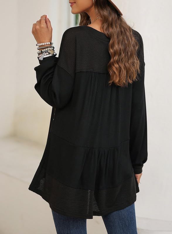 Dokotoo Women's Waffle Knit V-Neck Blouse with Ruffle Sleeves & Stud Rivet Details - Casual Tops for Work, Date Night & Fall Layering