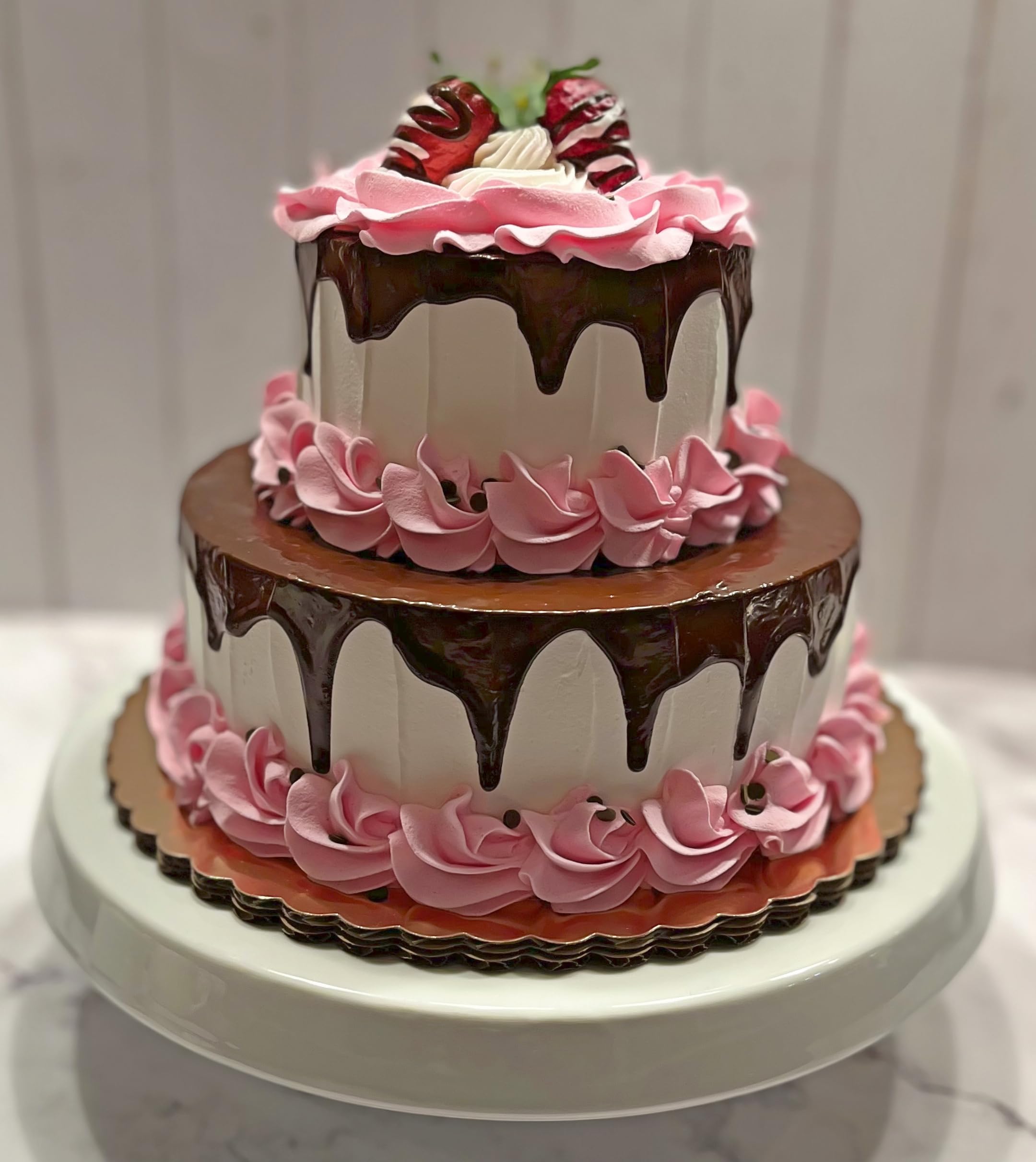 2-Tier Pink Valentine Fake Cake with Chocolate Drizzle - Handmade Artificial Decorative Cake by Dezicakes - Perfect for Wedding Centerpieces, Party Decorations & Photo Props