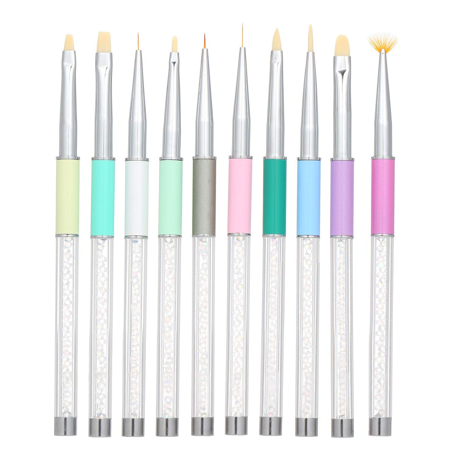 10PCS Professional Nail Art Brush Set with Rhinestone Metal Handles - Acrylic UV Gel Nail Brushes for Painting, Drawing, Lining & Carving - Perfect for Salon, Home Manicure & DIY Nail Art Designs