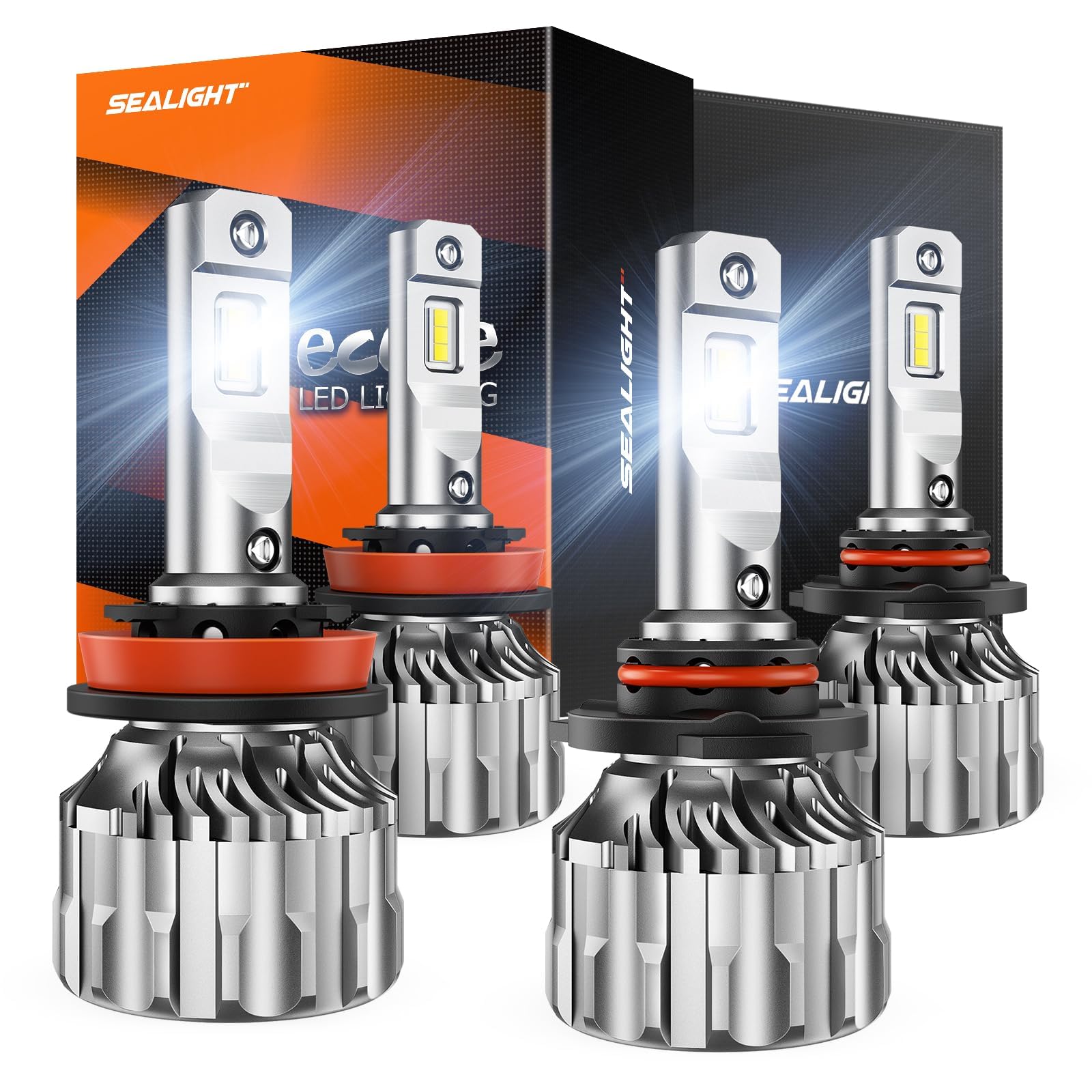 SEALIGHT H8/H9/H11 9005/HB3 LED Headlight Bulbs Combo - 66,000LM Ultra Bright 6500K White Light - 15000RPM Cooling Fan - Plug & Play Installation - Non-Polarity - Wider Driving Vision - Pack of 4 - Perfect for Night Driving, Foggy Conditions & Off-Road Adventures