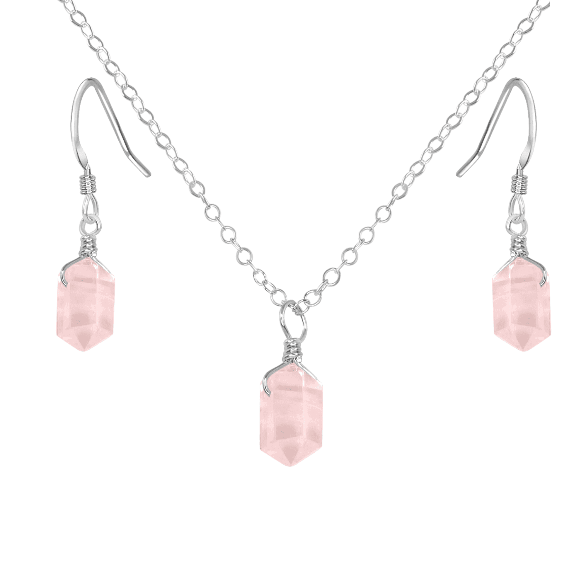 Rose Quartz Double Terminated Crystal Jewelry Set - Healing Stone Necklace & Earrings for Women - Perfect for Meditation, Energy Healing & Spiritual Gifts