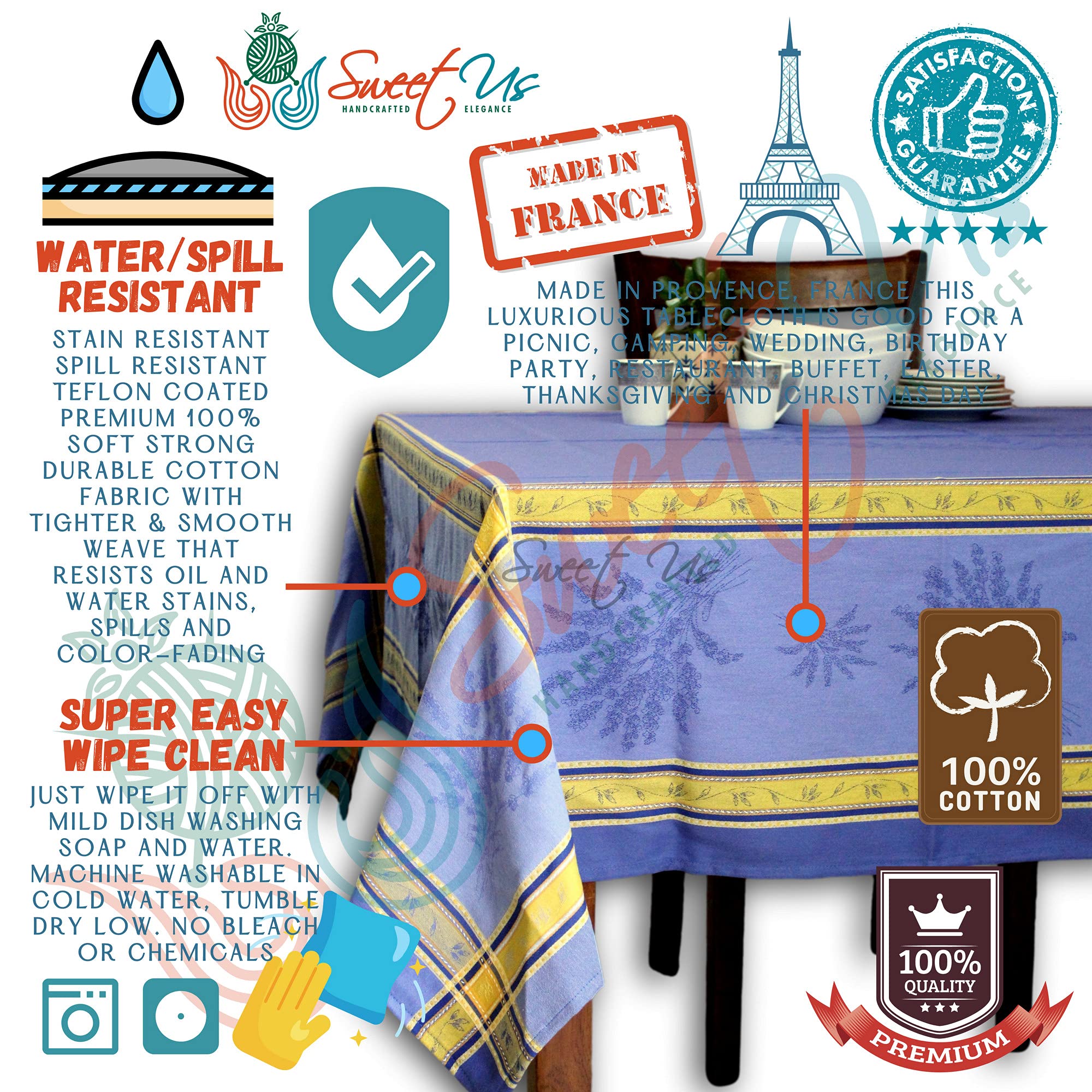 Lavande Mystique Wipeable Spill-Resistant Teflon Coated Tablecloth - Floral Cotton French Provencal Table Cover for Rectangle Tables (63 x 98 Inches) - Indoor & Outdoor Use - Bleu Sérénité - Perfect for Dining Rooms, Patios, and Picnics