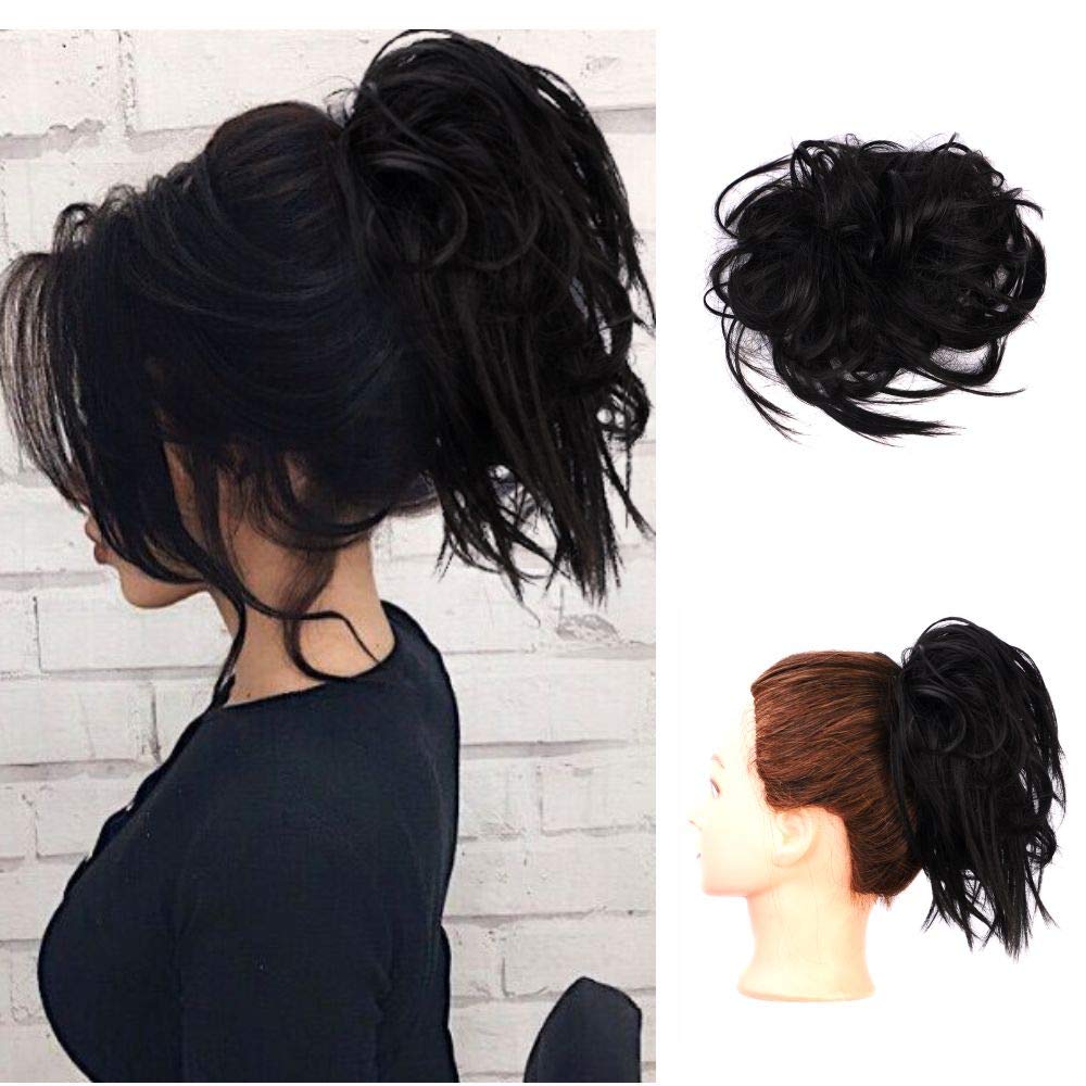 Lativ Messy Hair Bun Tousled Updo Hair Scrunchie with Elastic Band - Women's Hair Accessories for Ponytail & Bun Hairstyles (Black) - Perfect for Casual, Work & Party Looks