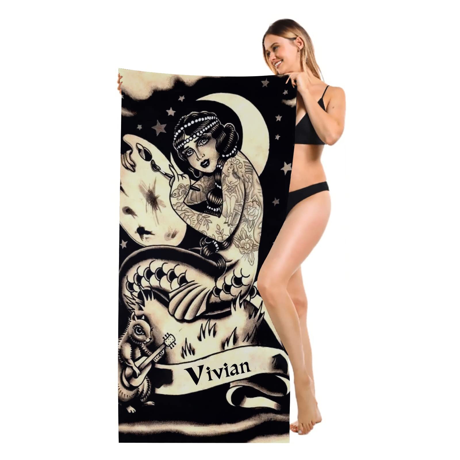 Personalized Golden Mermaid Myth Beach Towel - Custom Name Sandproof Bath Towel 30x60 Inch for Wedding, Family Reunion, Beach Party & Summer Vacation Gift