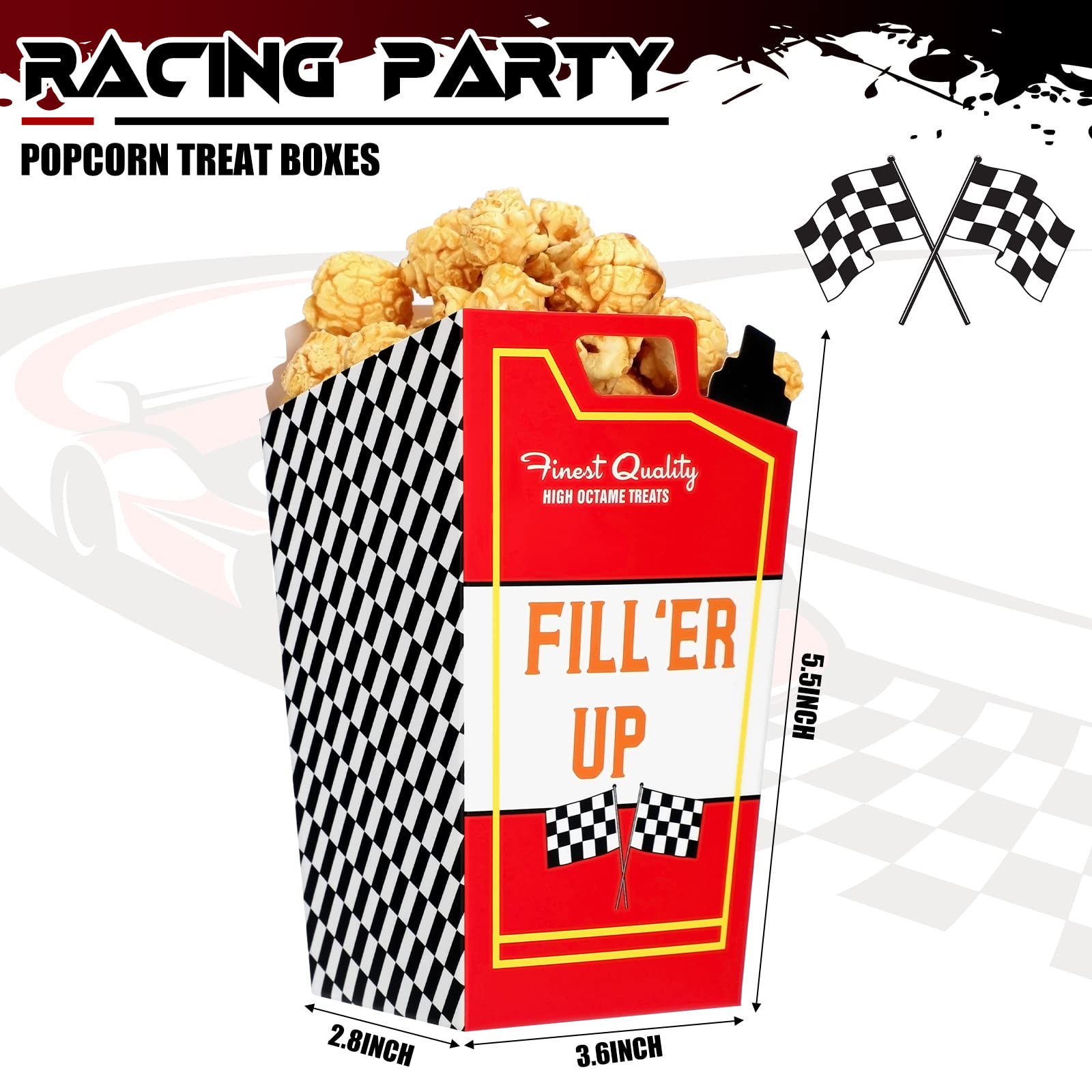 Outus 24-Piece Race Car Fuel Can Popcorn Treat Boxes - Candy & Cookie Containers for Racing Birthday Party, Baby Shower, Bridal Shower - Perfect Race Car Theme Party Favors & Decorations (Great for Kids' Birthday, NASCAR Themed Events & Automotive Celebrations)